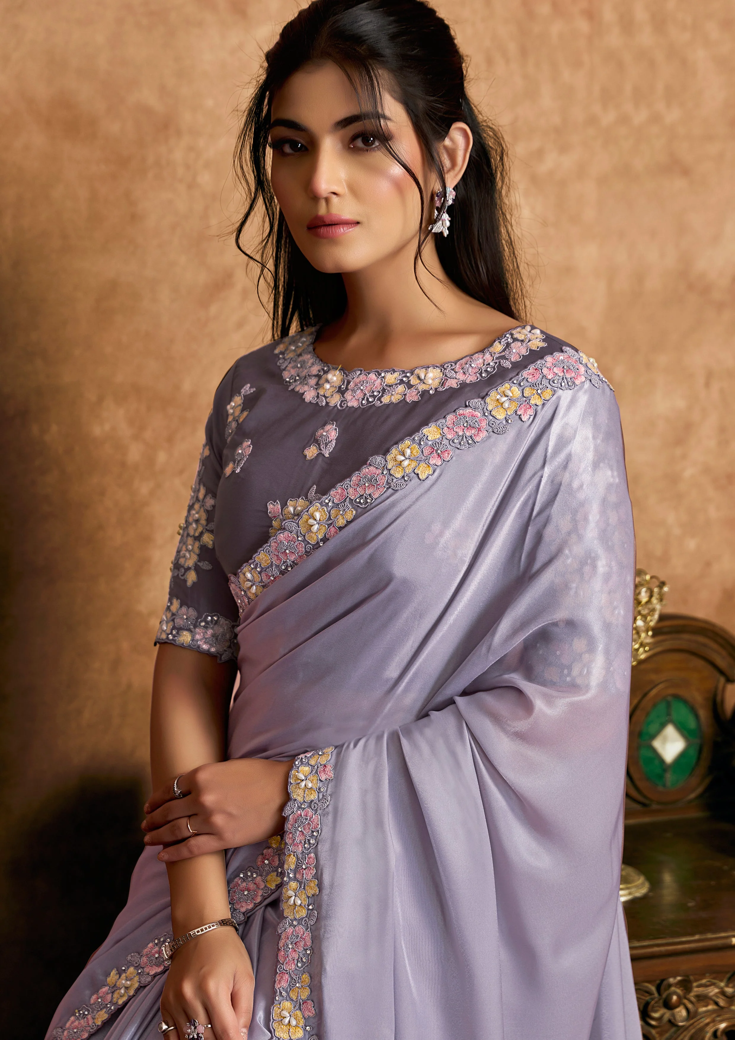 Dusty Lavender Embellished Crepe Silk Saree - Image 6