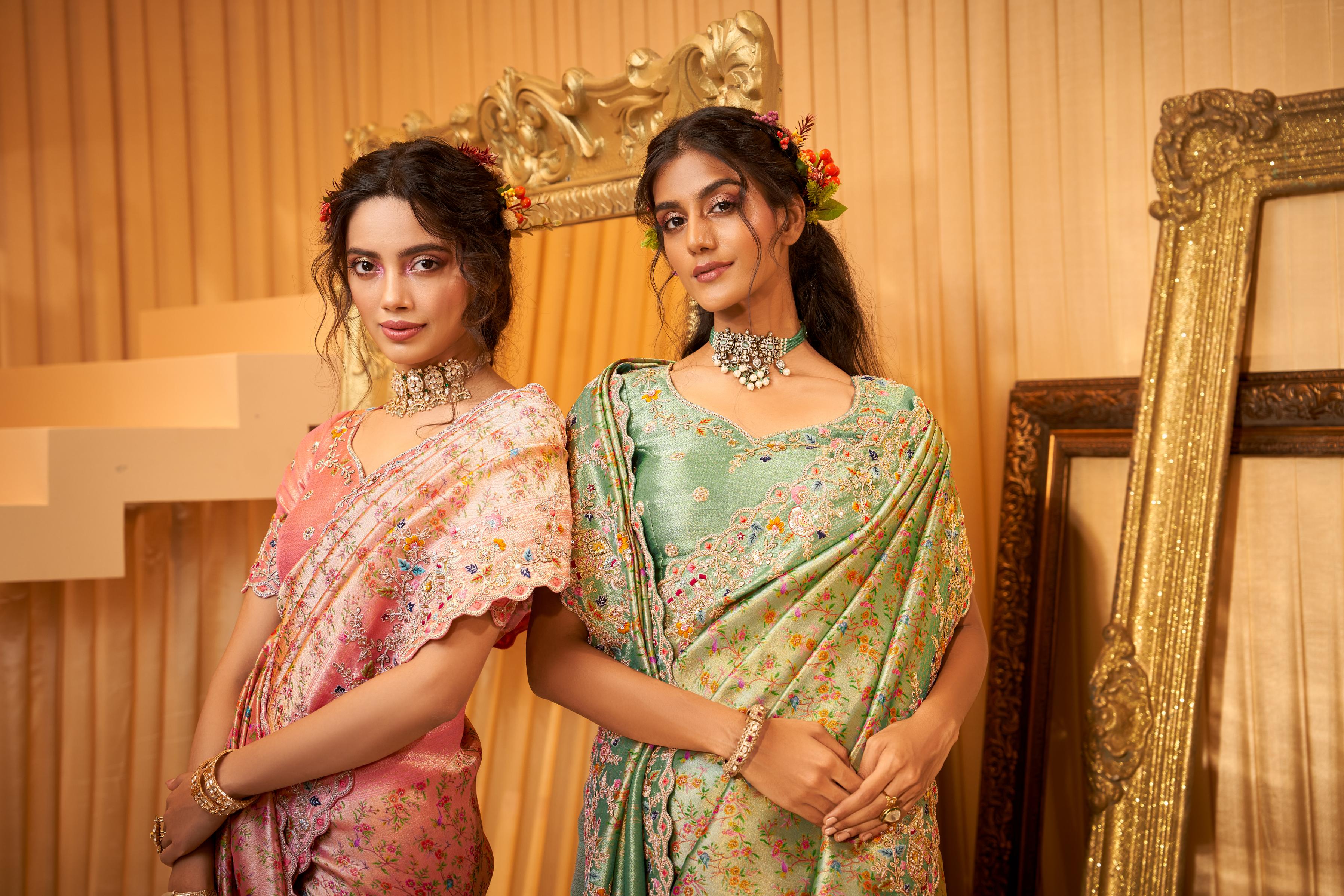Coral Pink Embellished Shimmer Tissue Silk Saree - Image 2
