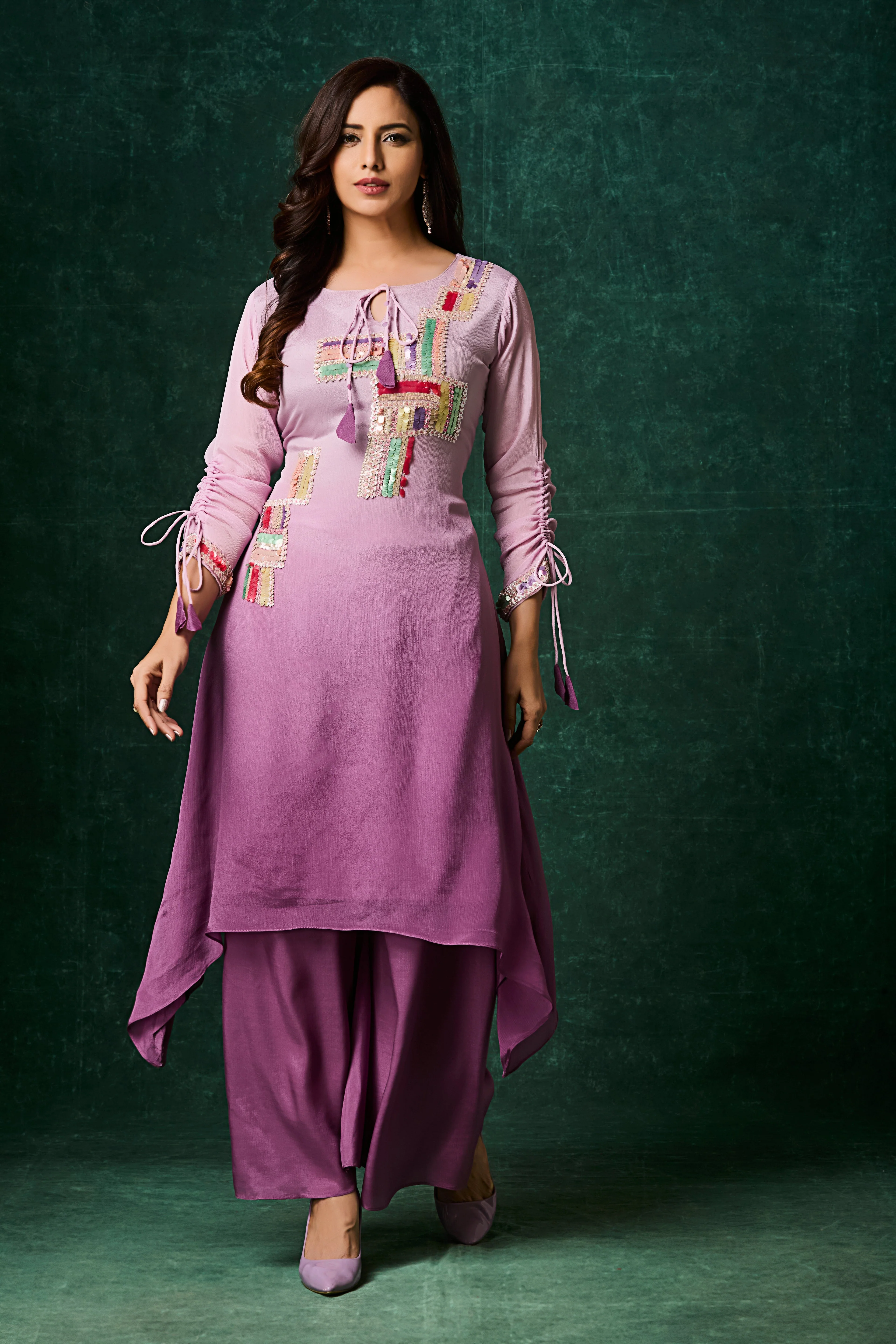 Dusty Lavender Ombre Embellished Chinon Silk Kurta Set - Image 3