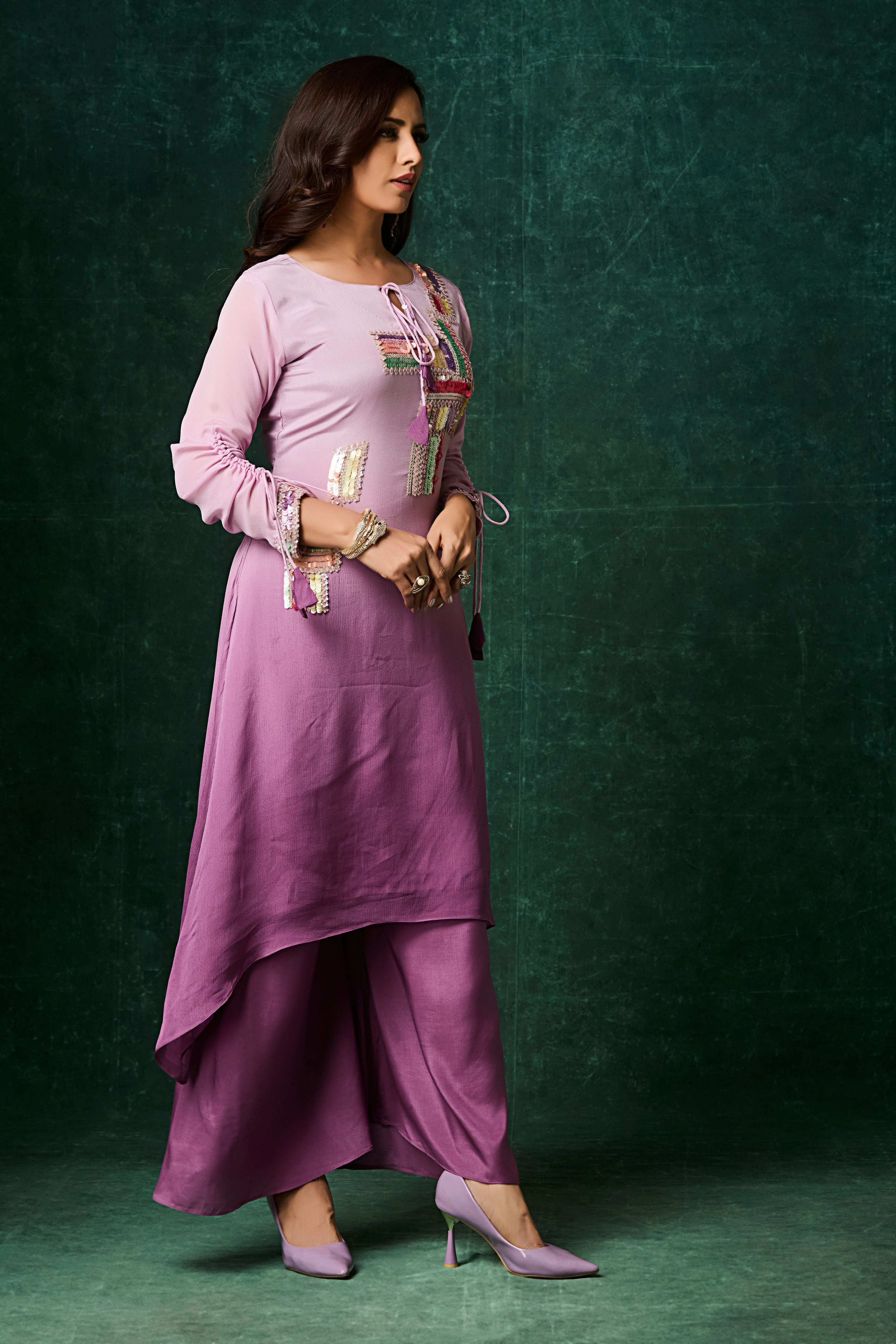 Dusty Lavender Ombre Embellished Chinon Silk Kurta Set - Image 4