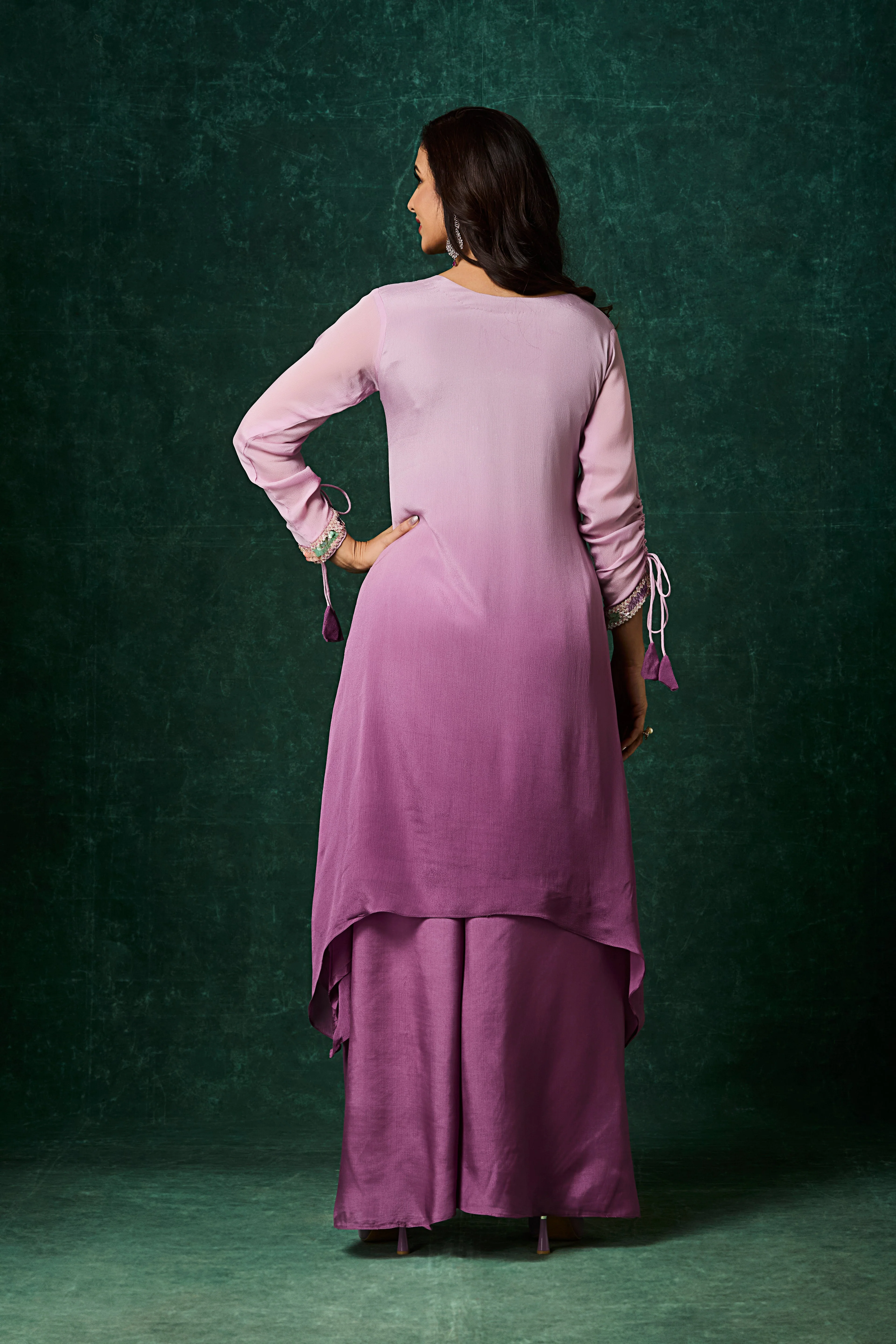 Dusty Lavender Ombre Embellished Chinon Silk Kurta Set - Image 5