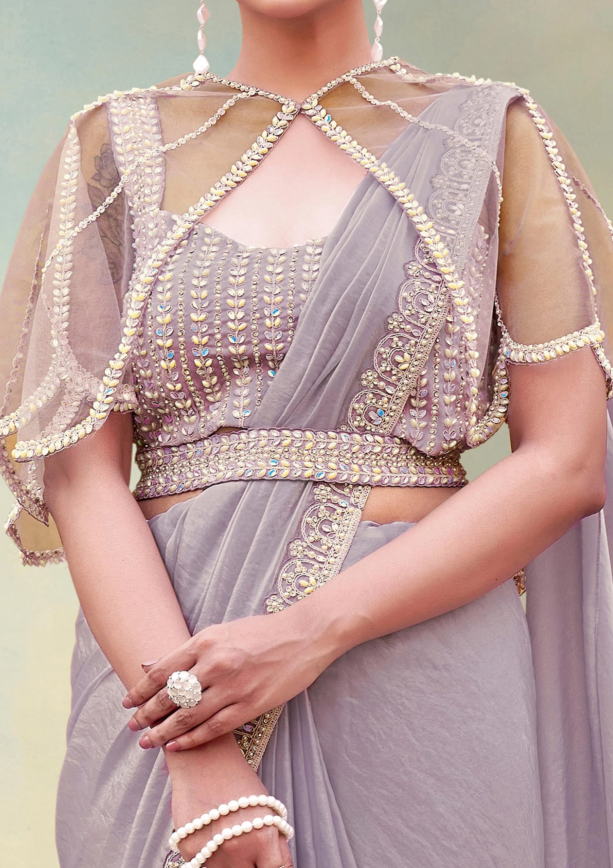 Dusty Lilac Embellished Satin Silk Draped Saree - Image 2