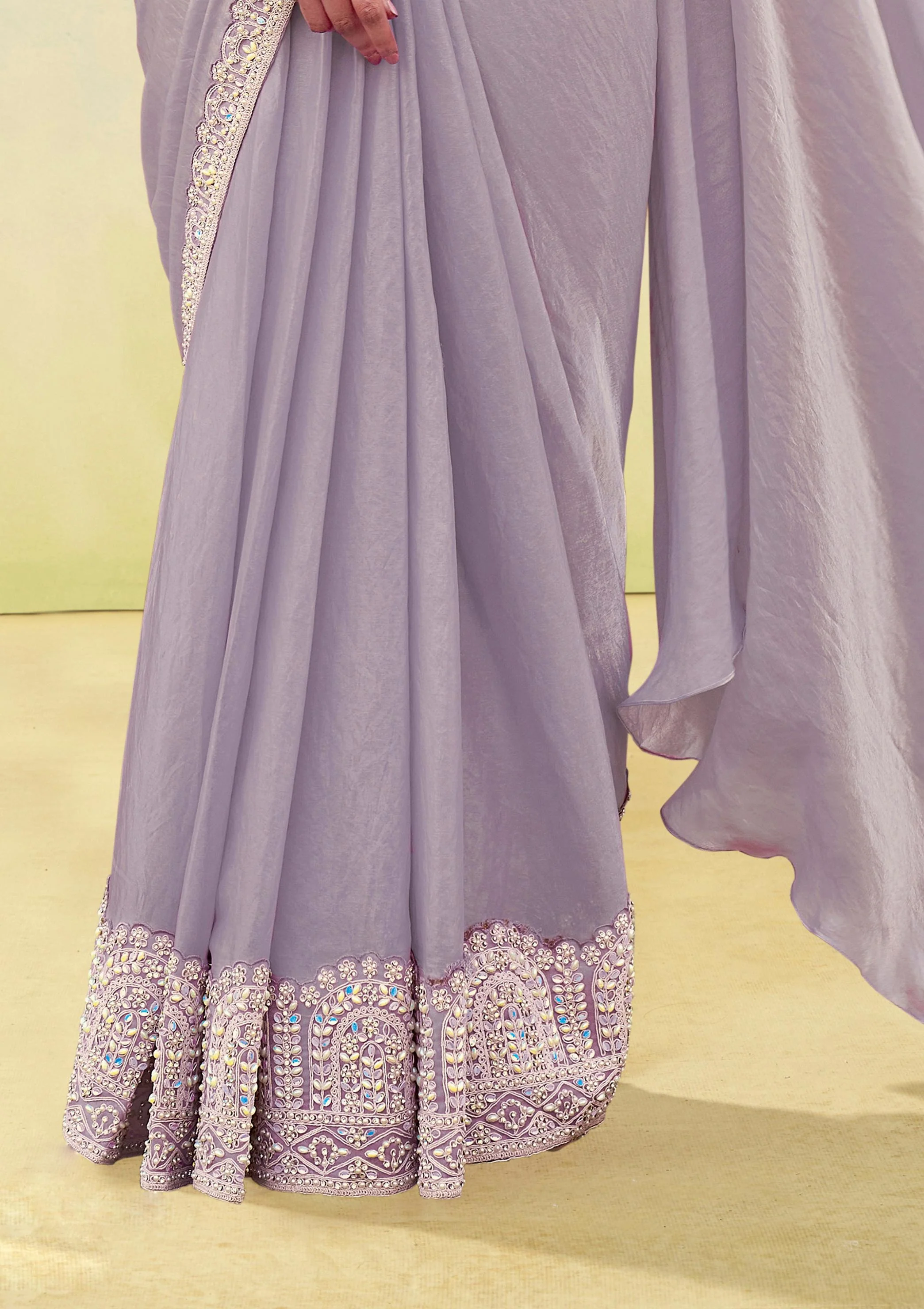 Dusty Lilac Embellished Satin Silk Draped Saree - Image 3