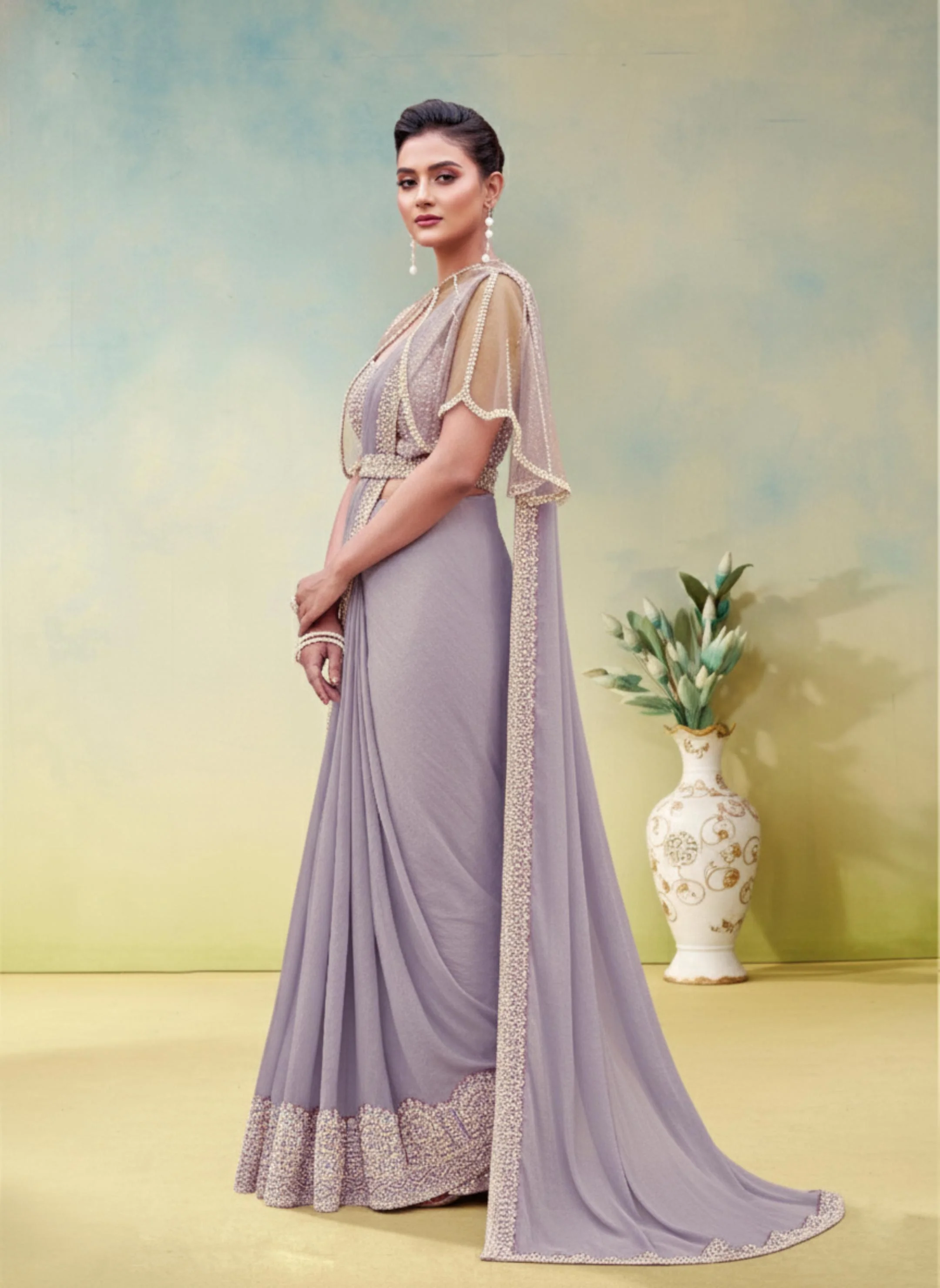 Dusty Lilac Embellished Satin Silk Draped Saree - Image 4