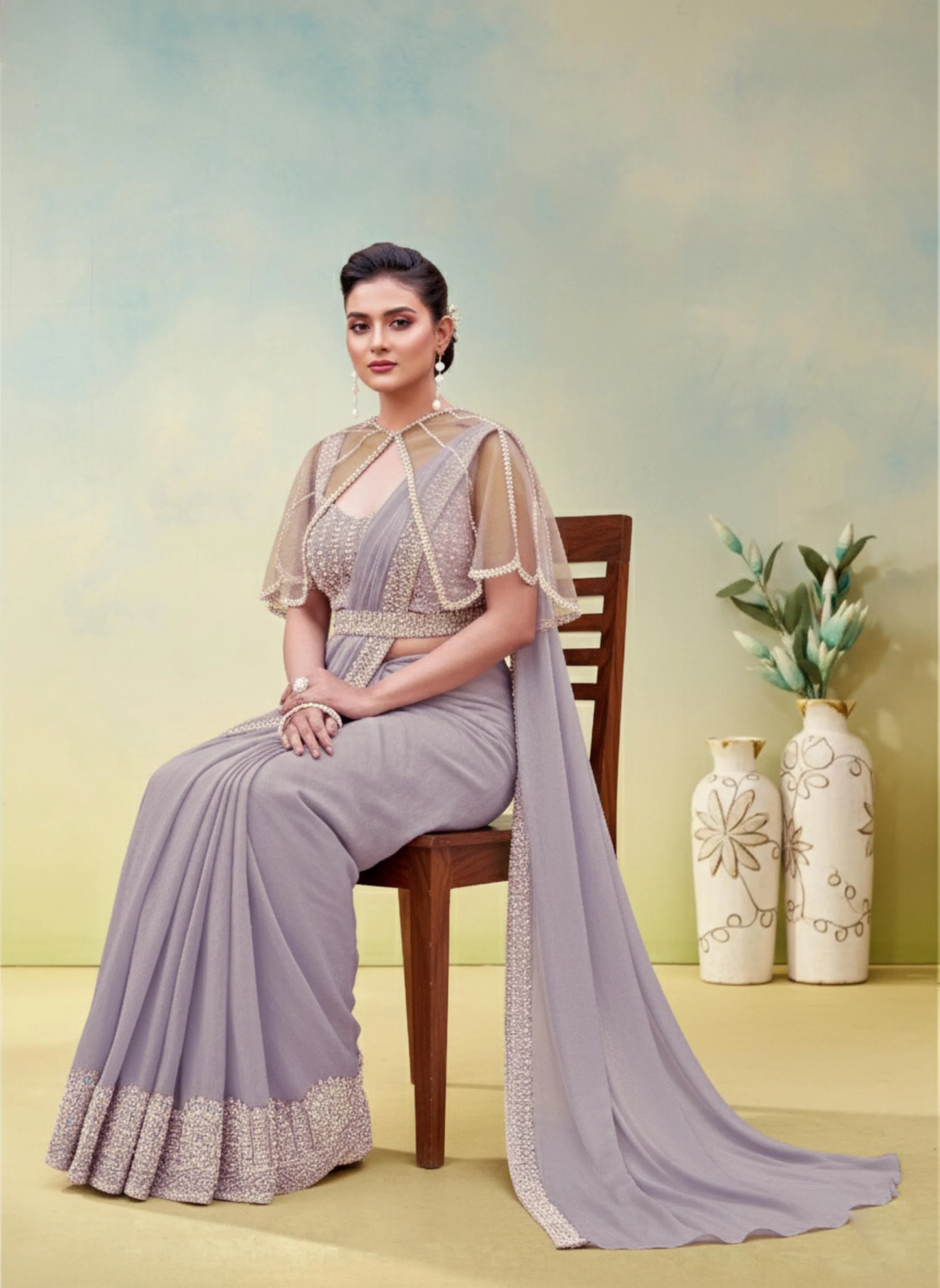 Dusty Lilac Embellished Satin Silk Draped Saree - Image 5