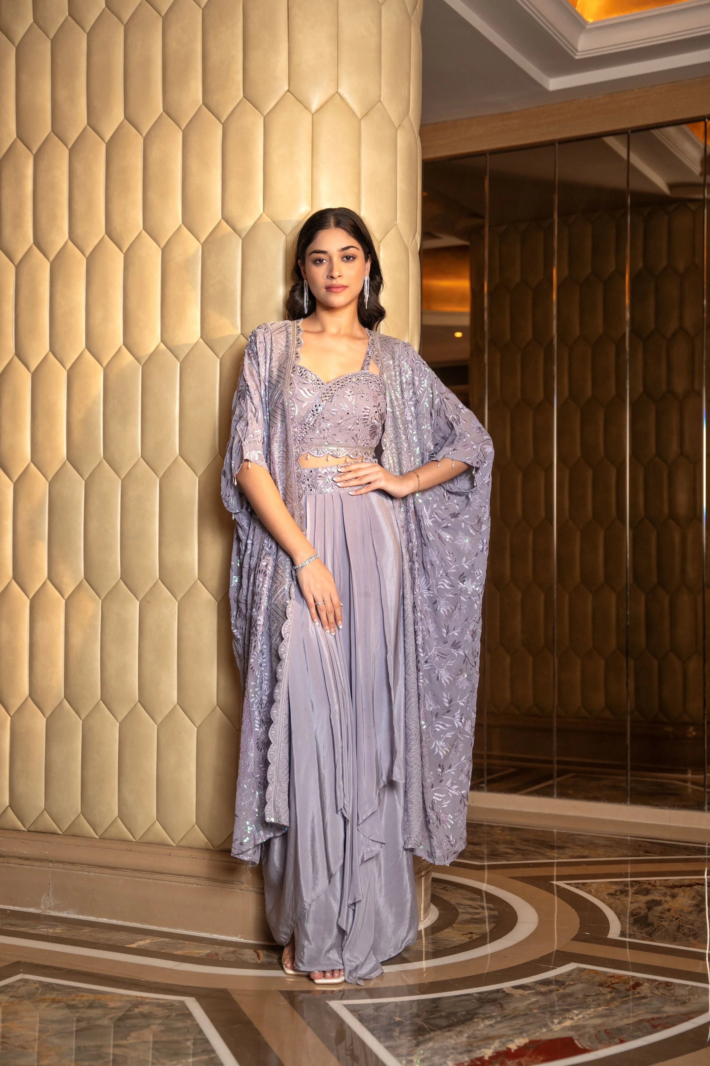 Dusty Lilac Embroidered Cape Set
