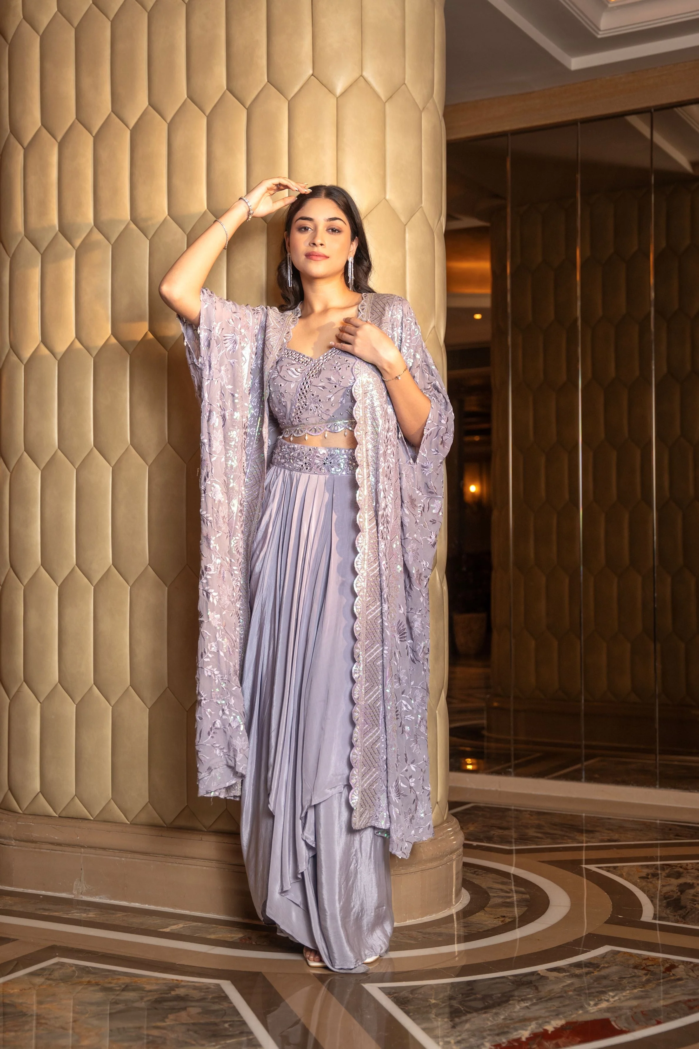 Dusty Lilac Embroidered Cape Set - Image 3