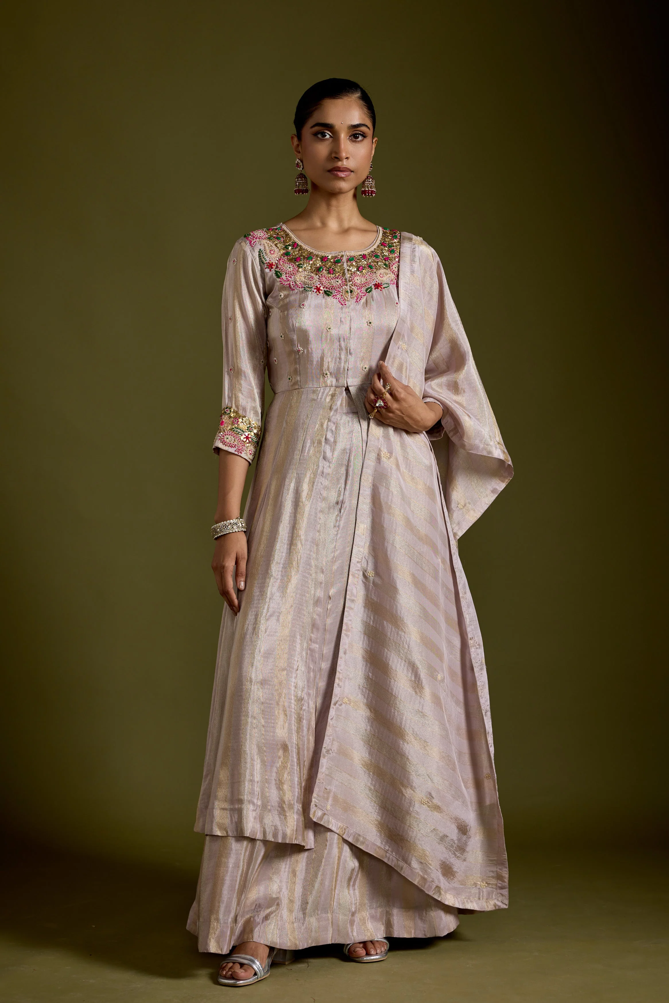 Dusty Mauve Embellished Shimmer Tissue Silk Skirt Set
