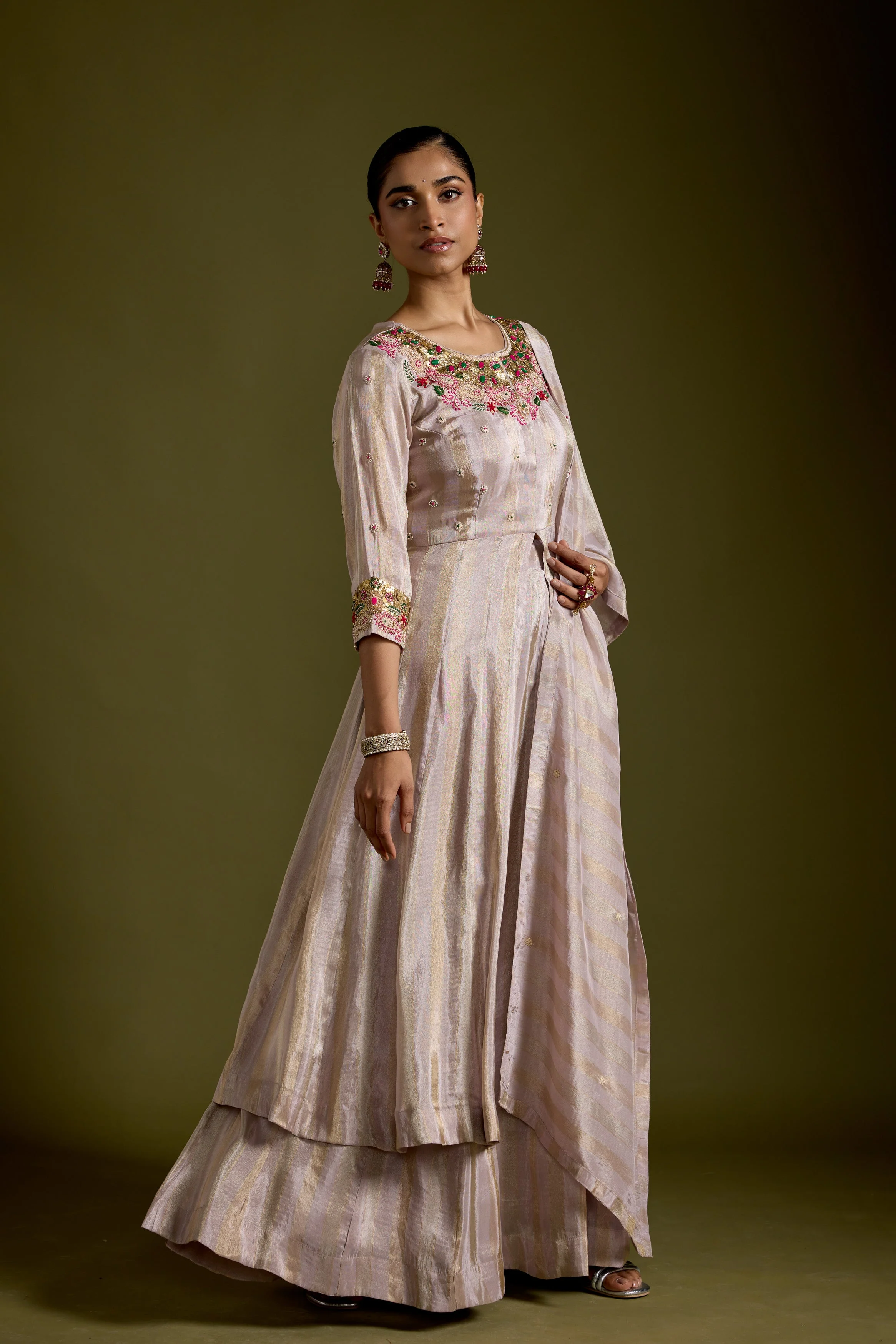 Dusty Mauve Embellished Shimmer Tissue Silk Skirt Set - Image 4
