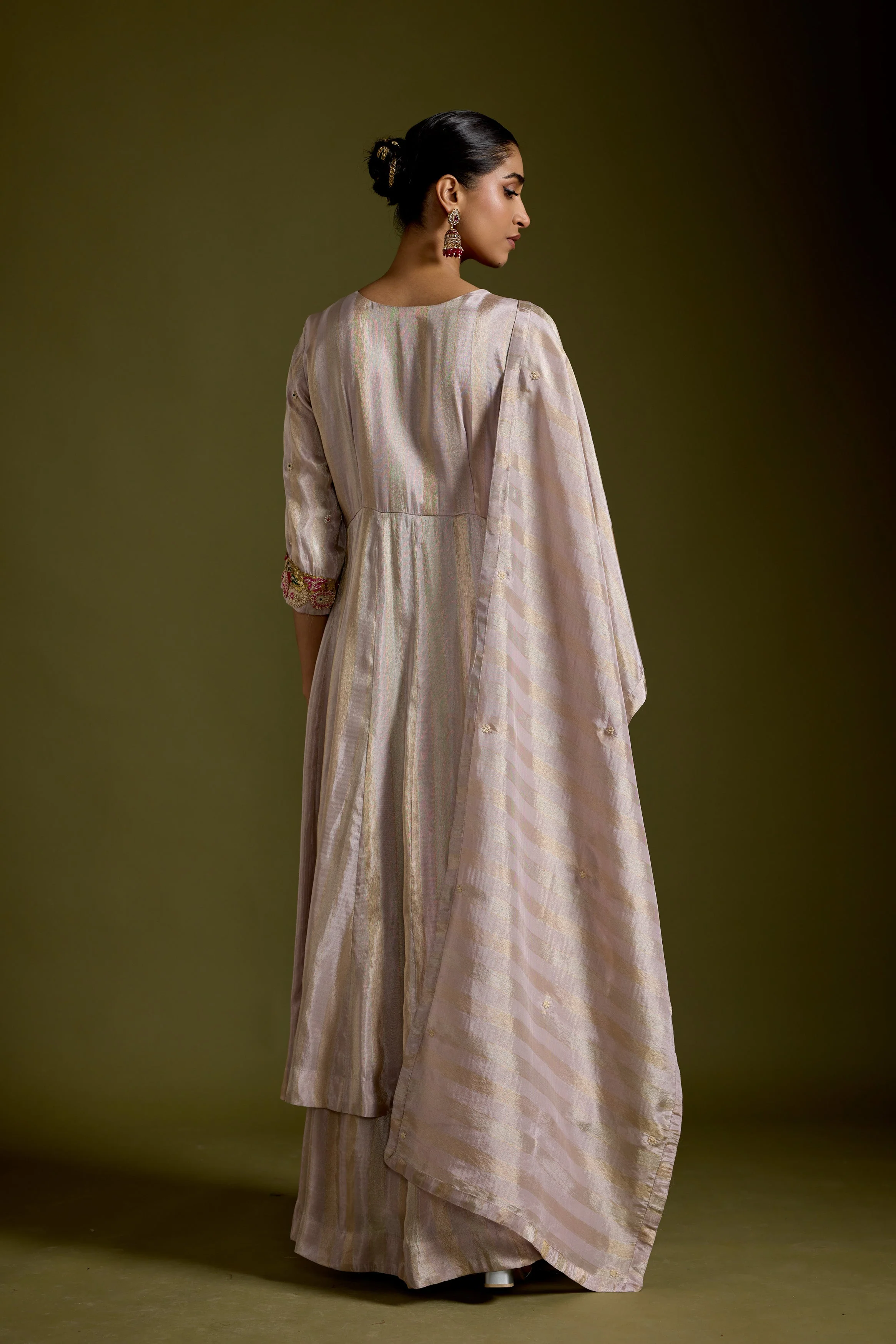 Dusty Mauve Embellished Shimmer Tissue Silk Skirt Set - Image 5