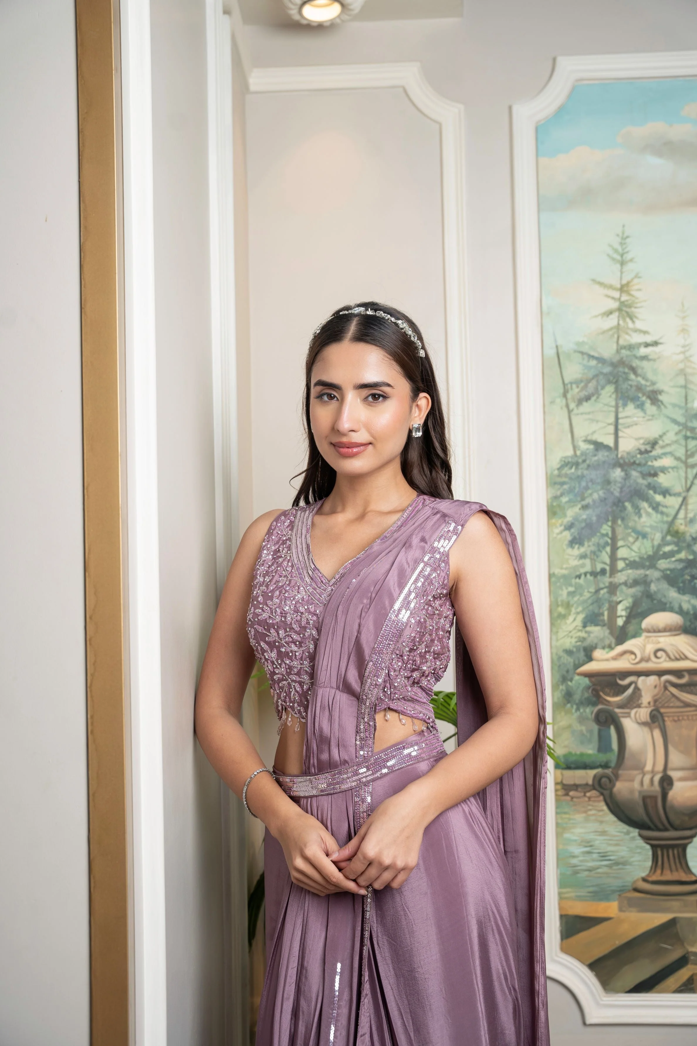 Dusty Mauve Embellished Crepe Silk Draped Saree - Image 2