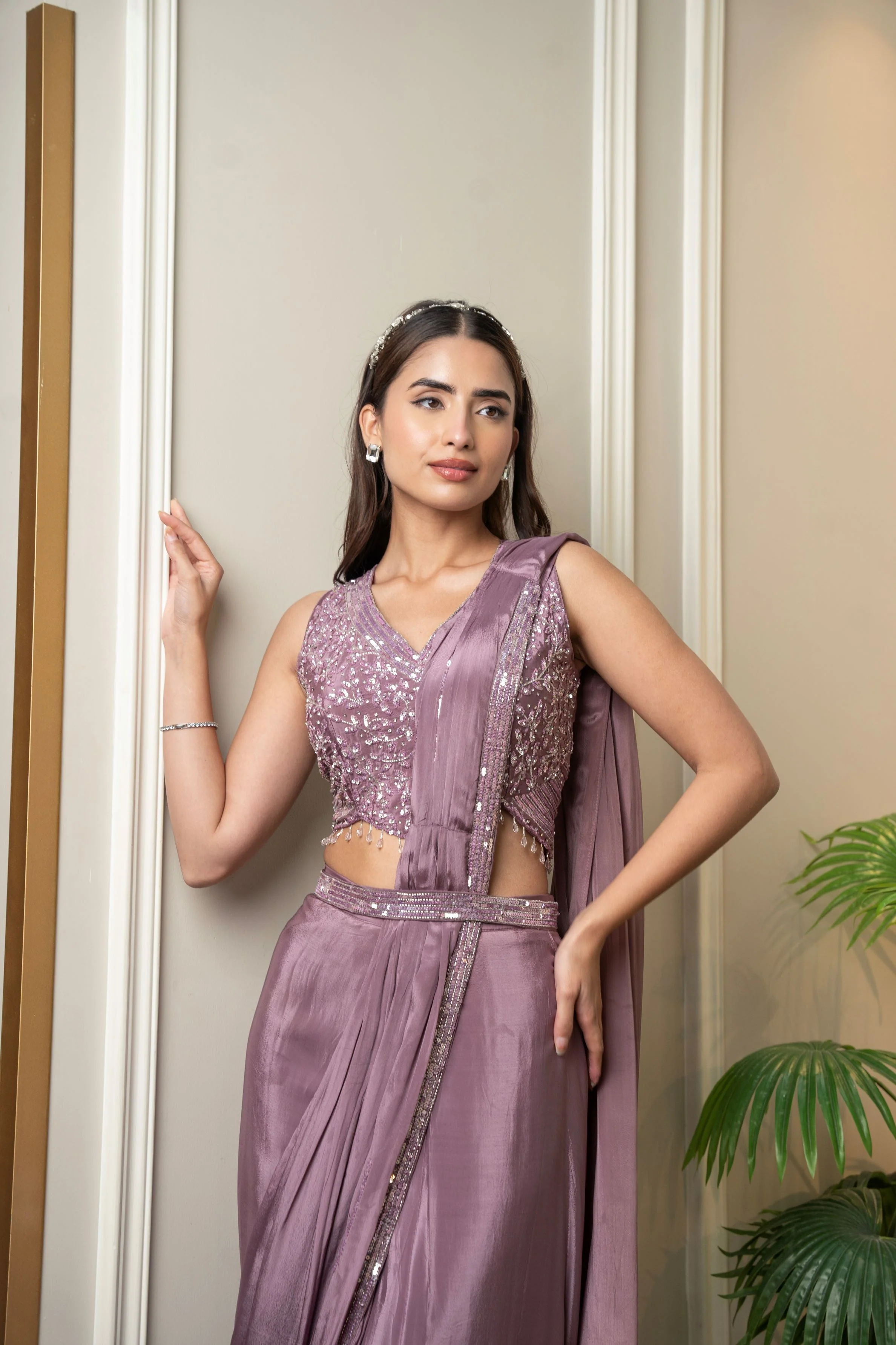 Dusty Mauve Embellished Crepe Silk Draped Saree - Image 3