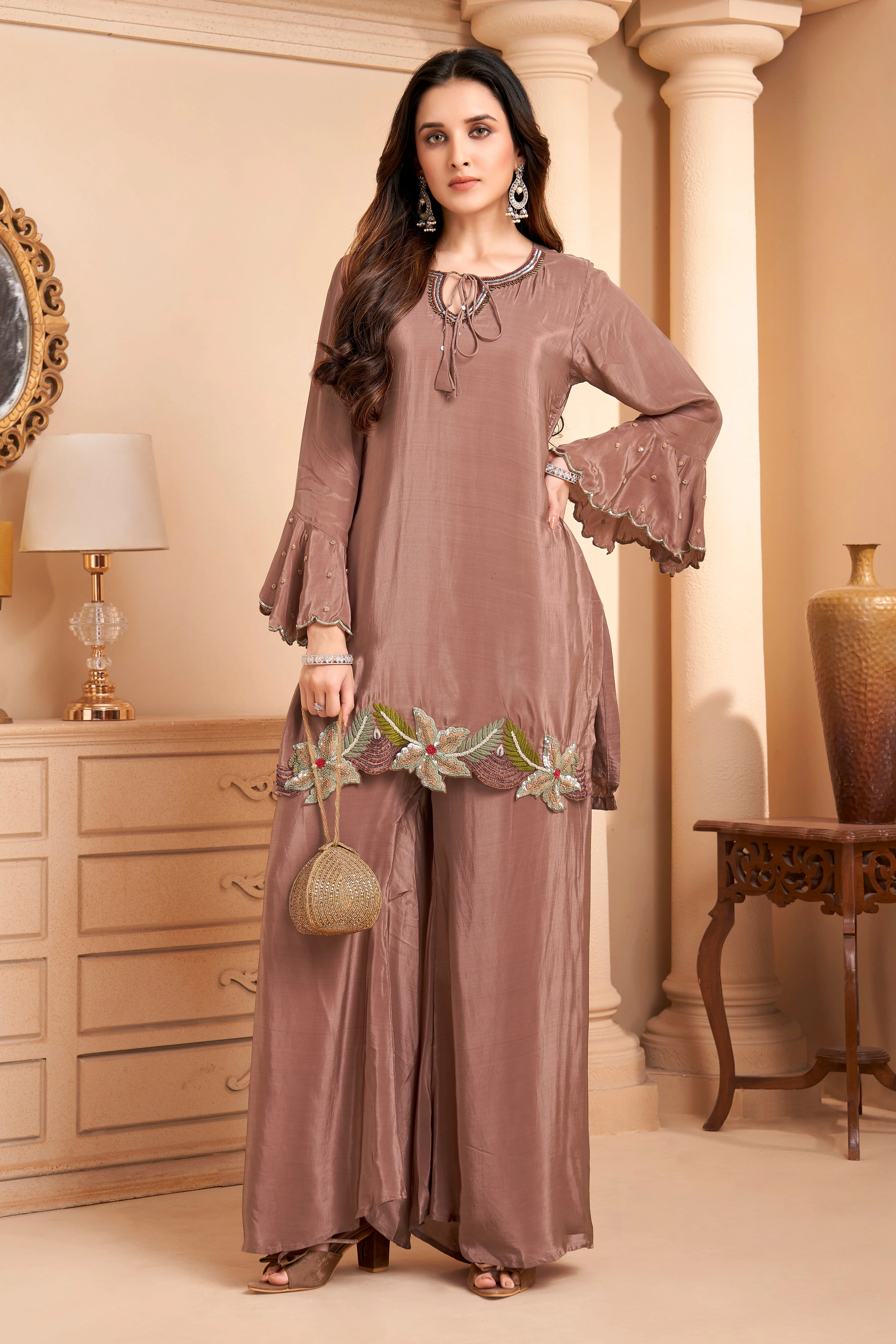Dusty Mauve Embellished Crepe Silk Palazzo Set
