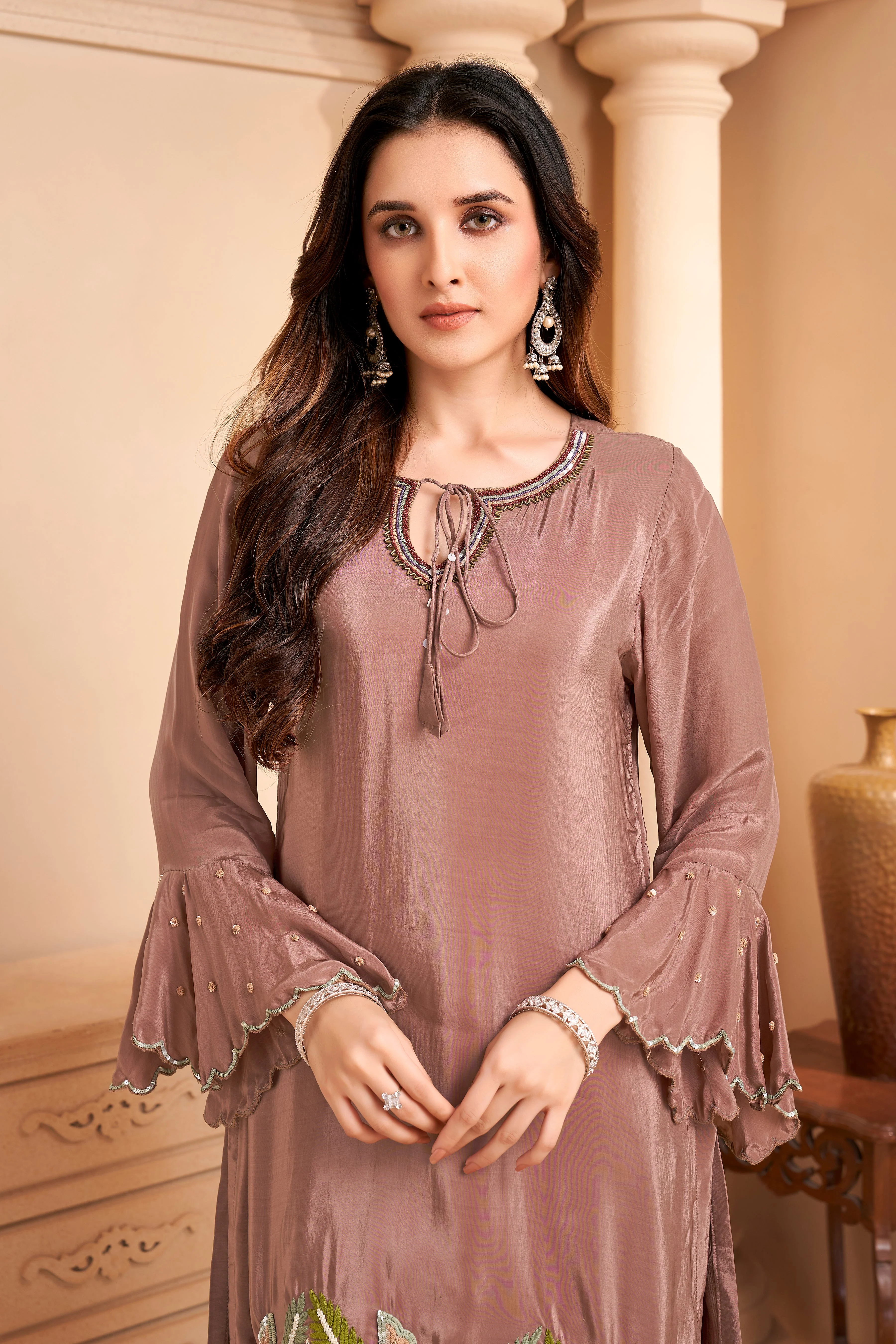 Dusty Mauve Embellished Crepe Silk Palazzo Set - Image 2