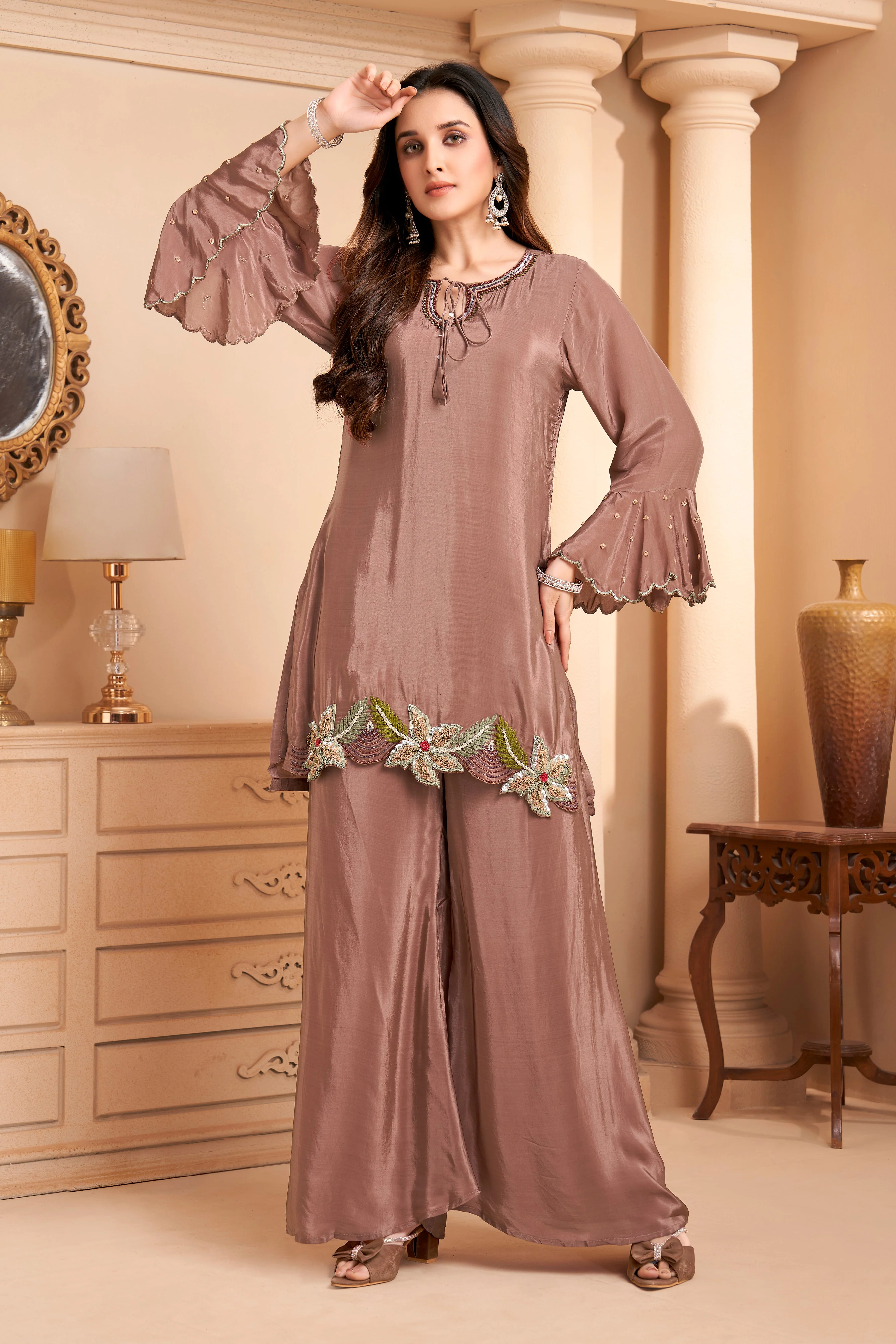 Dusty Mauve Embellished Crepe Silk Palazzo Set - Image 3