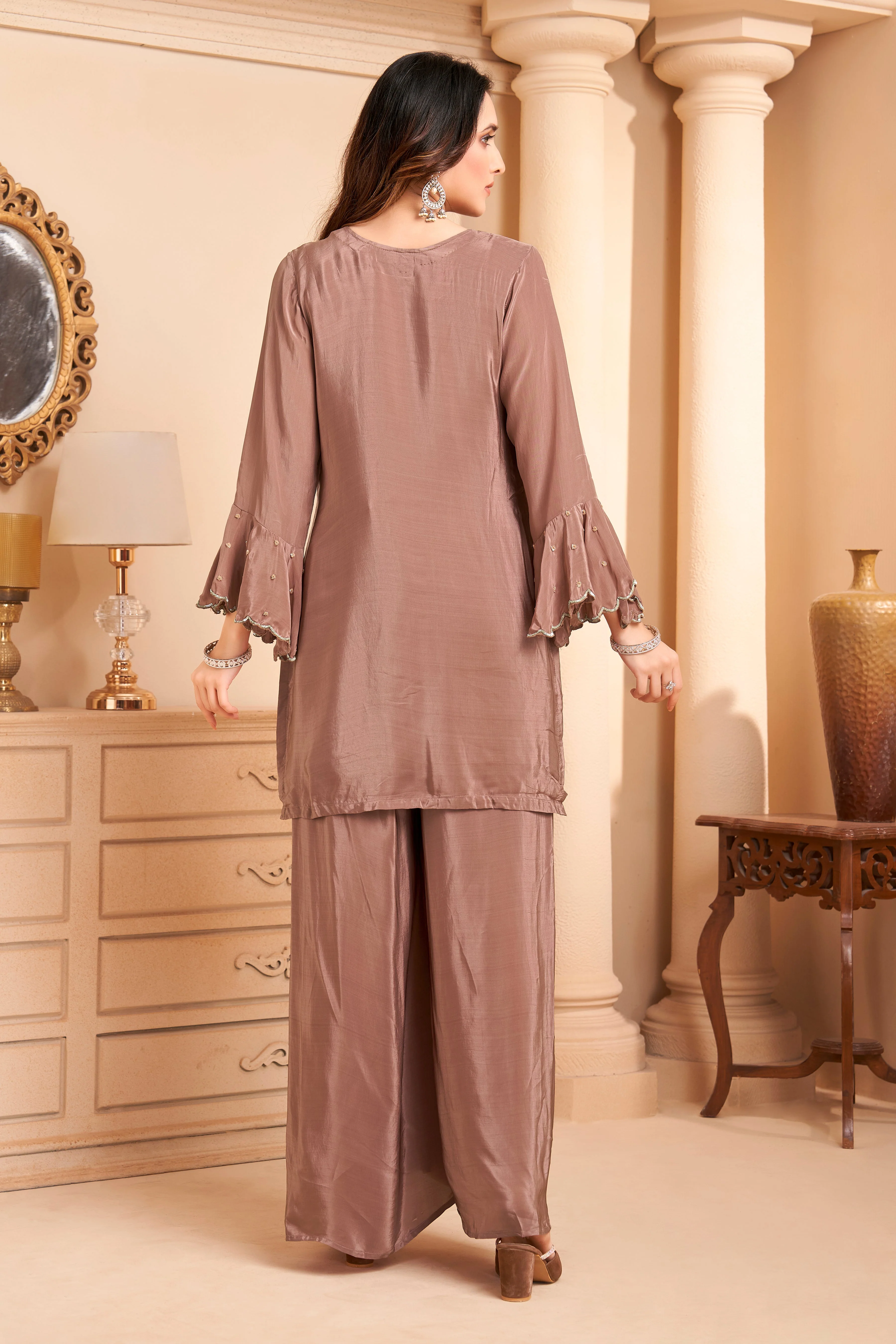 Dusty Mauve Embellished Crepe Silk Palazzo Set - Image 4