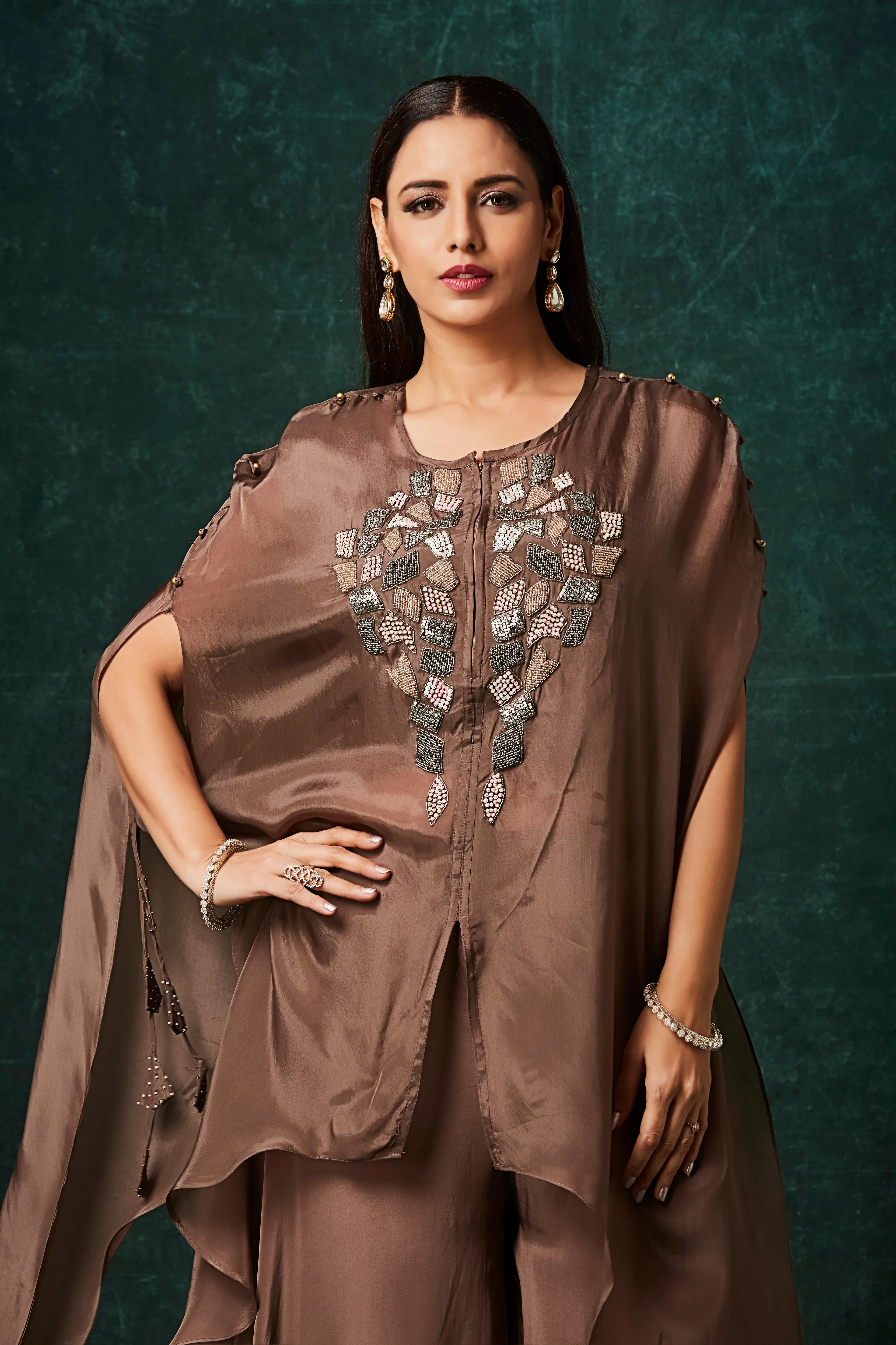 Dusty Coffee Brown Embellished Organza Silk Kaftan Set - Image 2