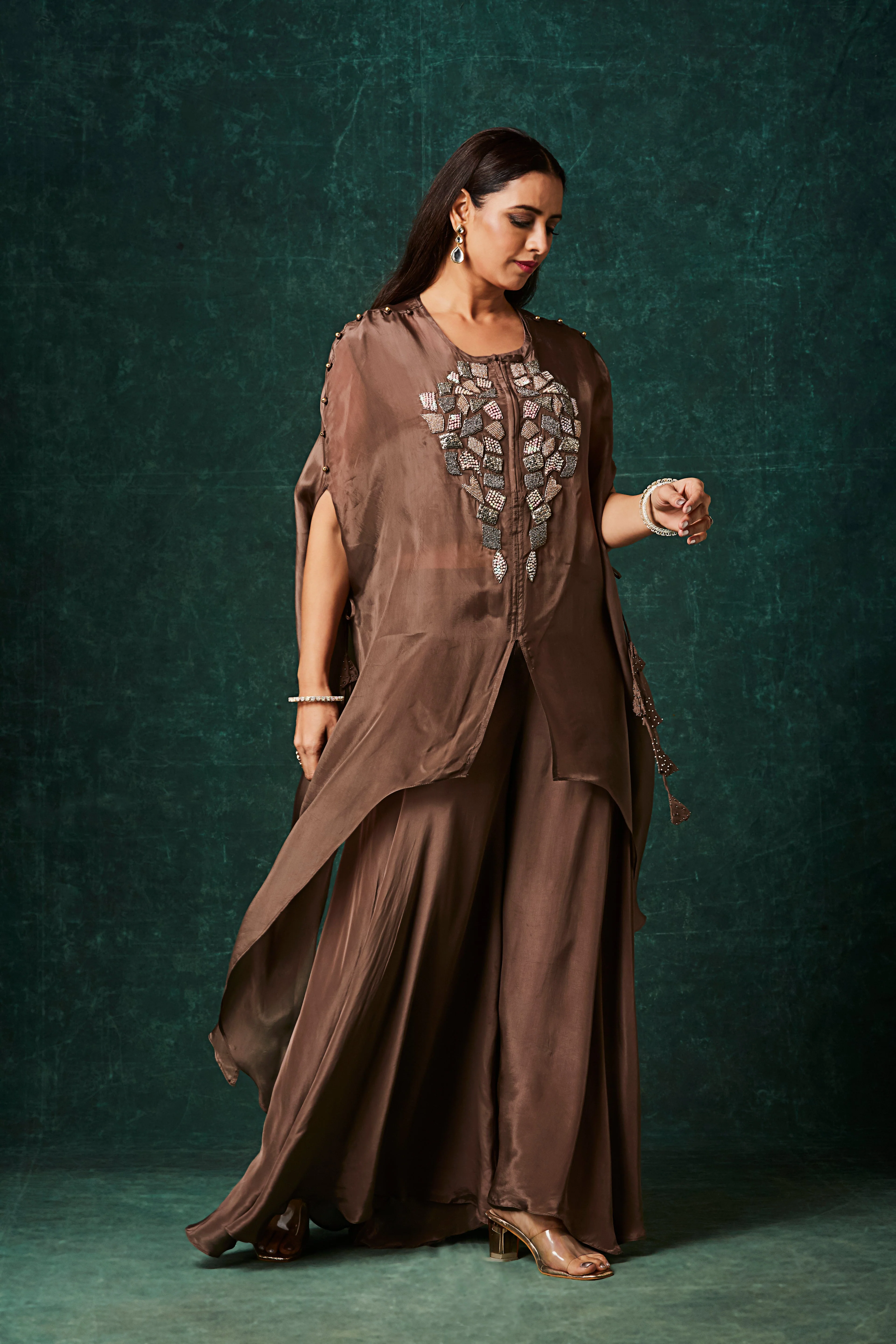Dusty Coffee Brown Embellished Organza Silk Kaftan Set - Image 3