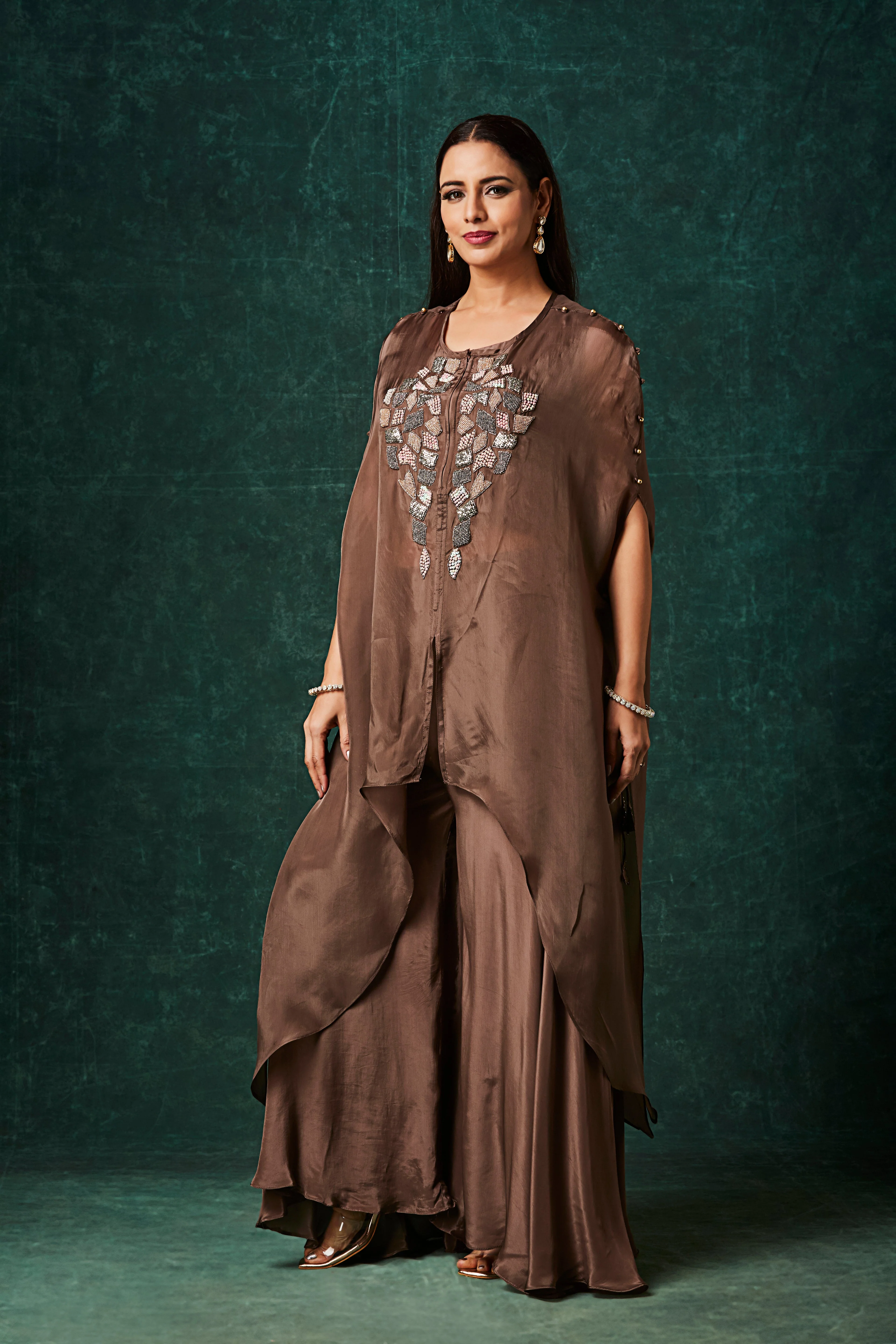 Dusty Coffee Brown Embellished Organza Silk Kaftan Set - Image 4