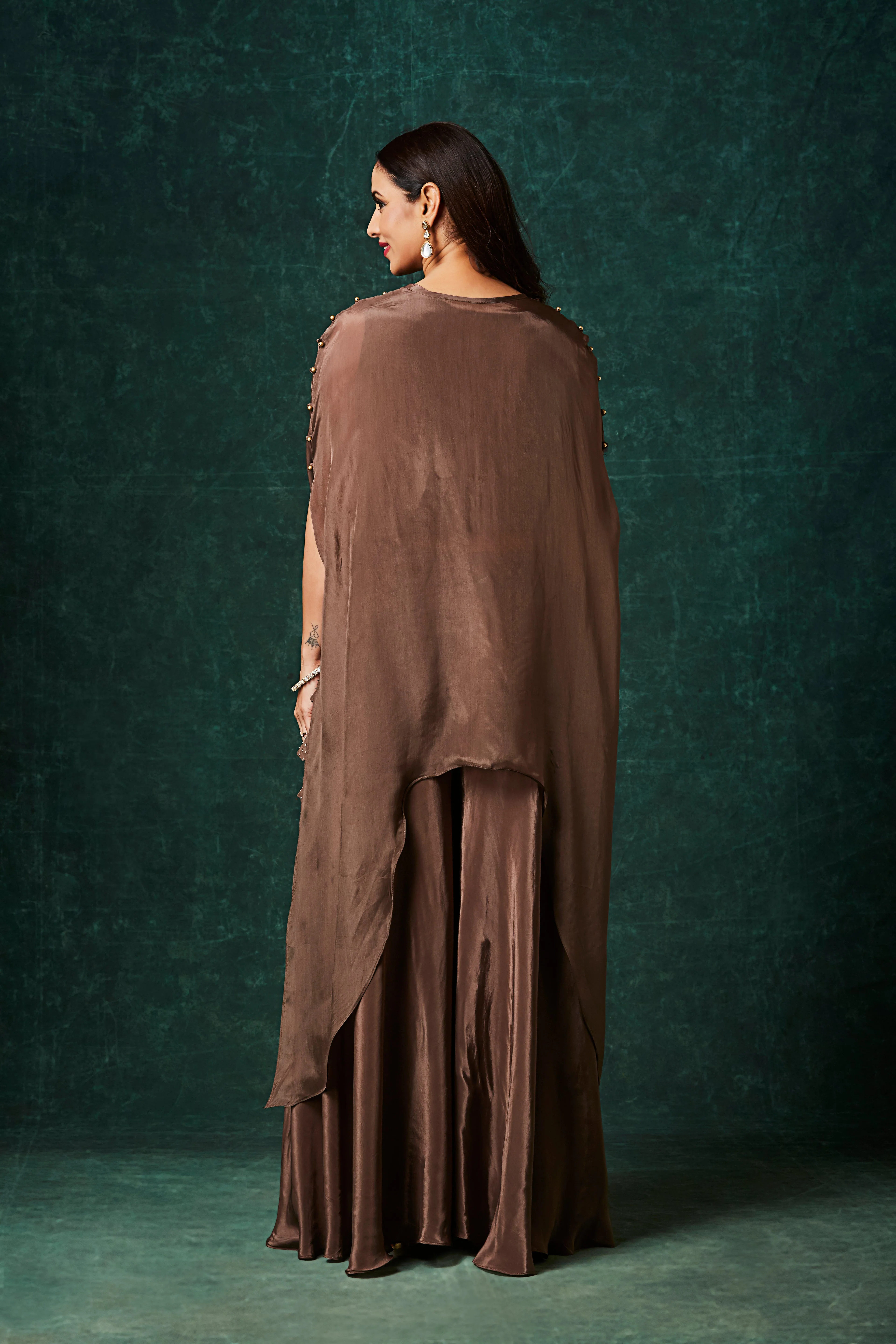 Dusty Coffee Brown Embellished Organza Silk Kaftan Set - Image 5