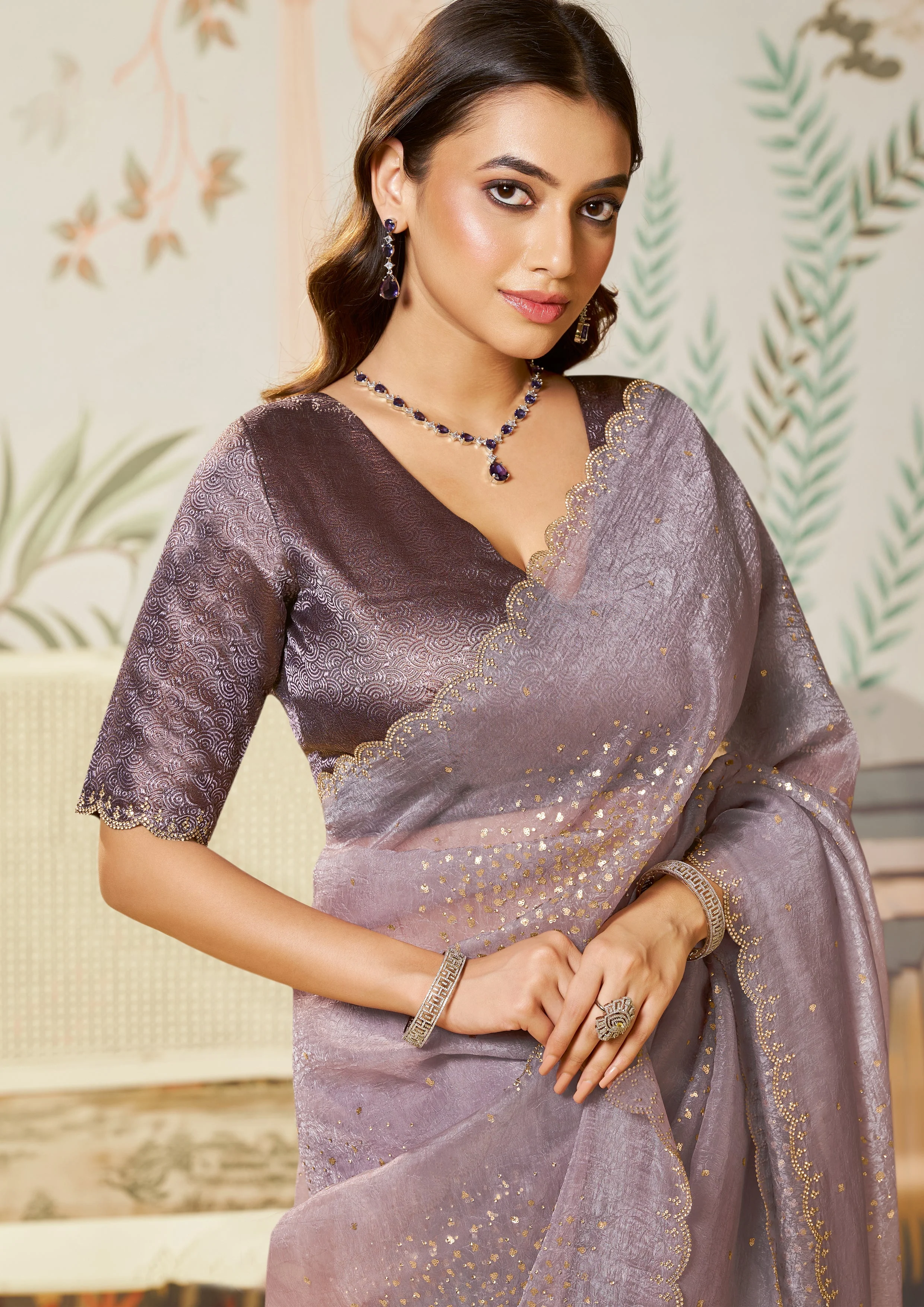 Dusty Mauve Embellished Organza Silk Saree - Image 2