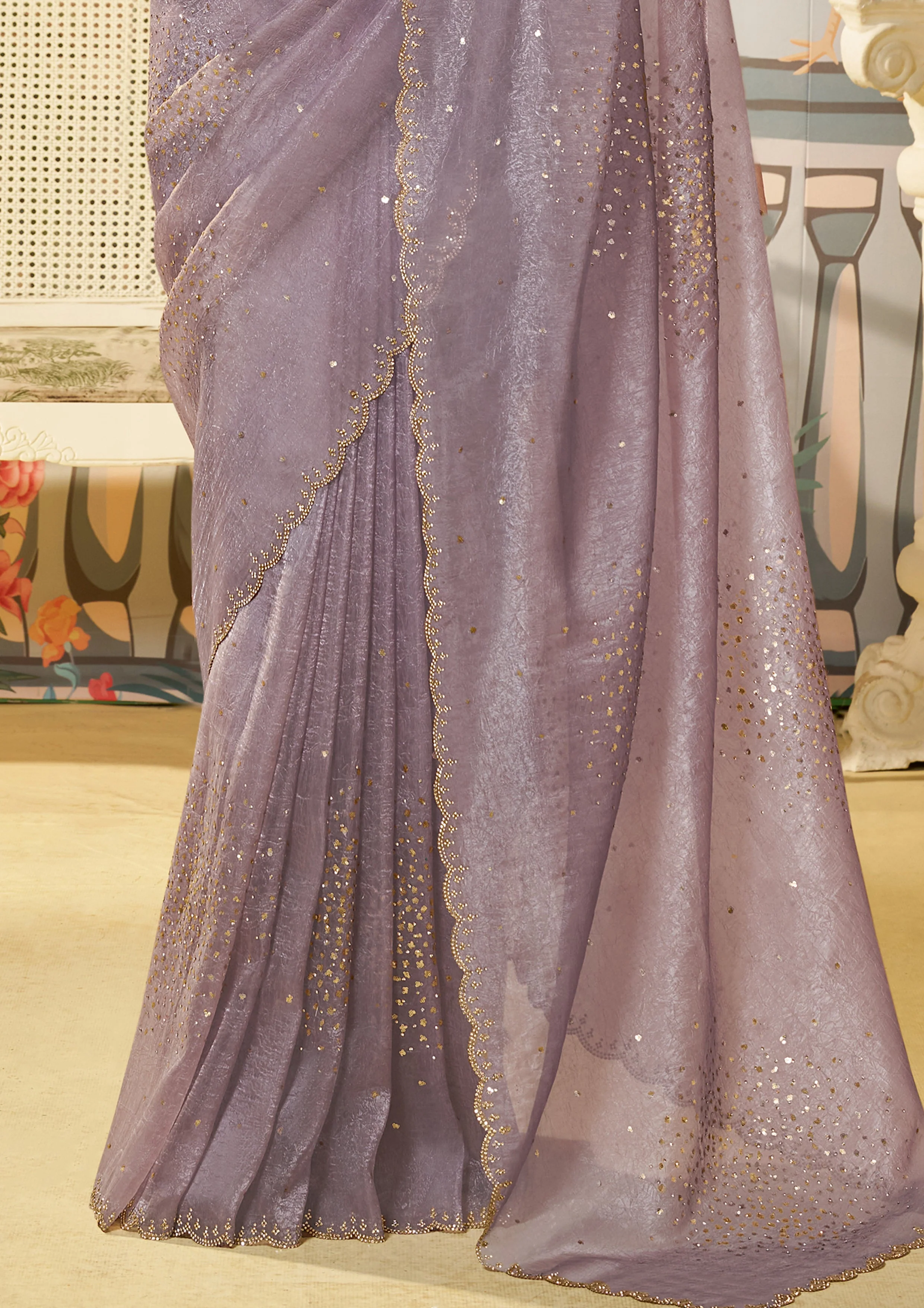 Dusty Mauve Embellished Organza Silk Saree - Image 4