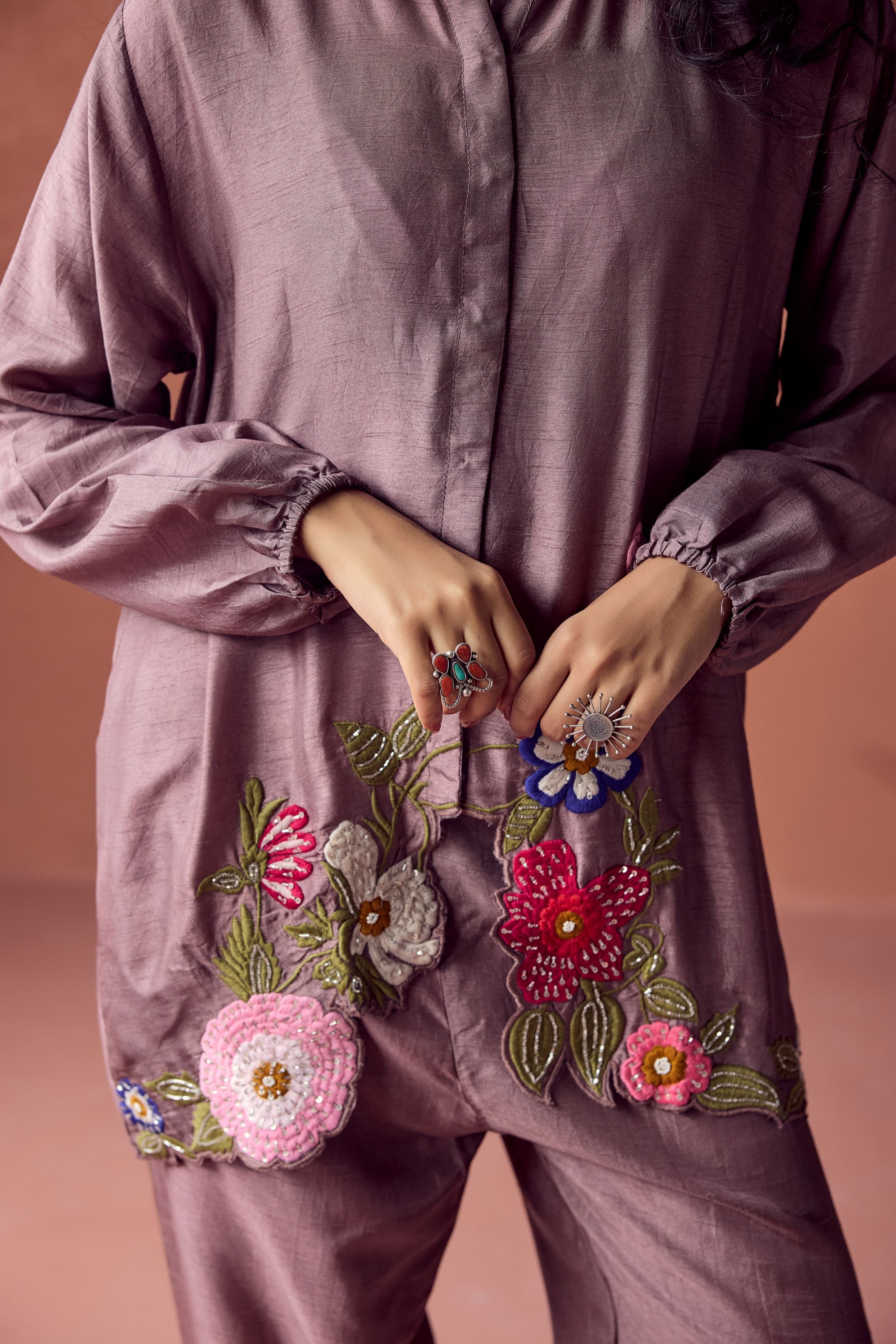 Dusty Mauve Embroidered Raw Silk Co- Ord Set - Image 3