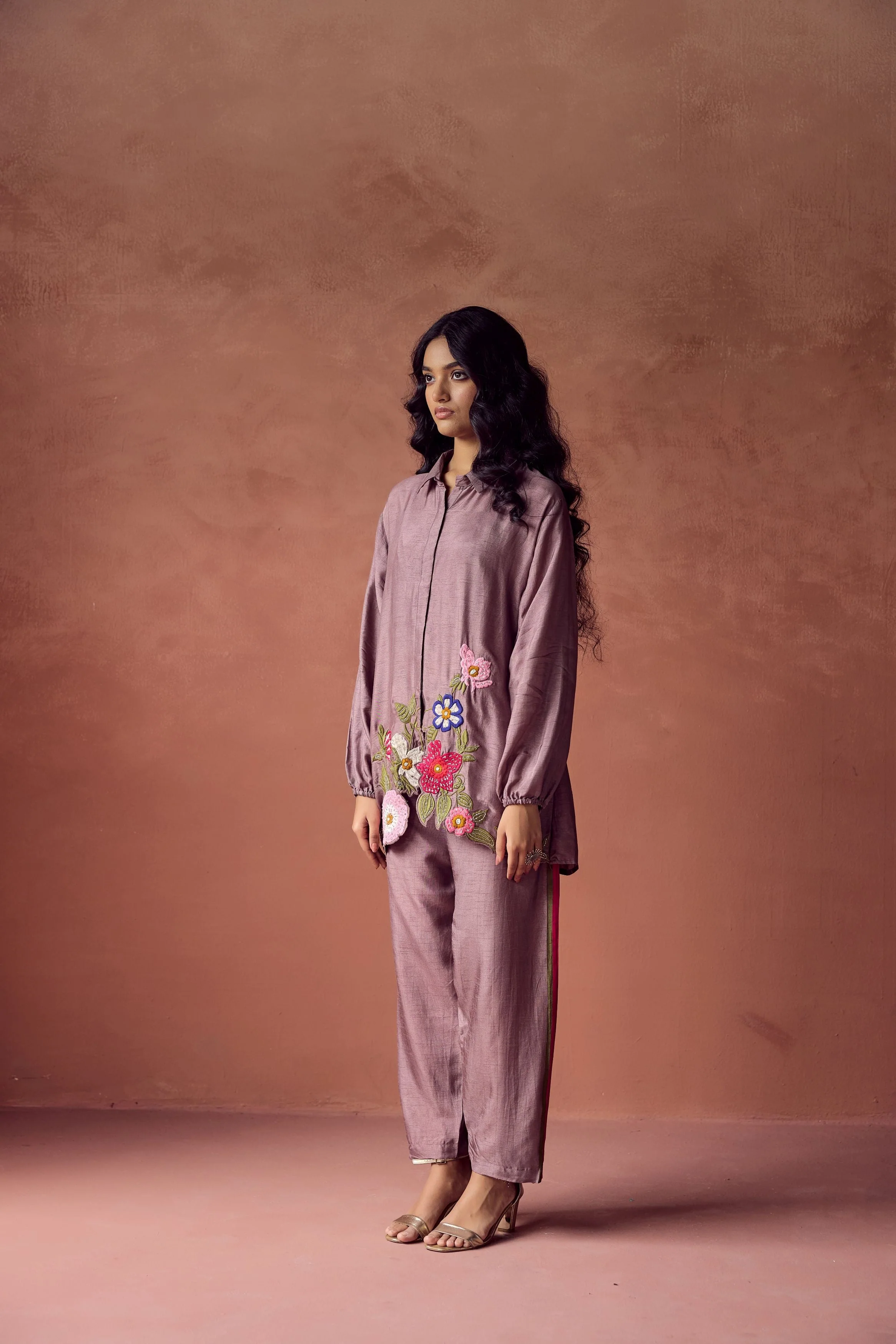 Dusty Mauve Embroidered Raw Silk Co- Ord Set - Image 4