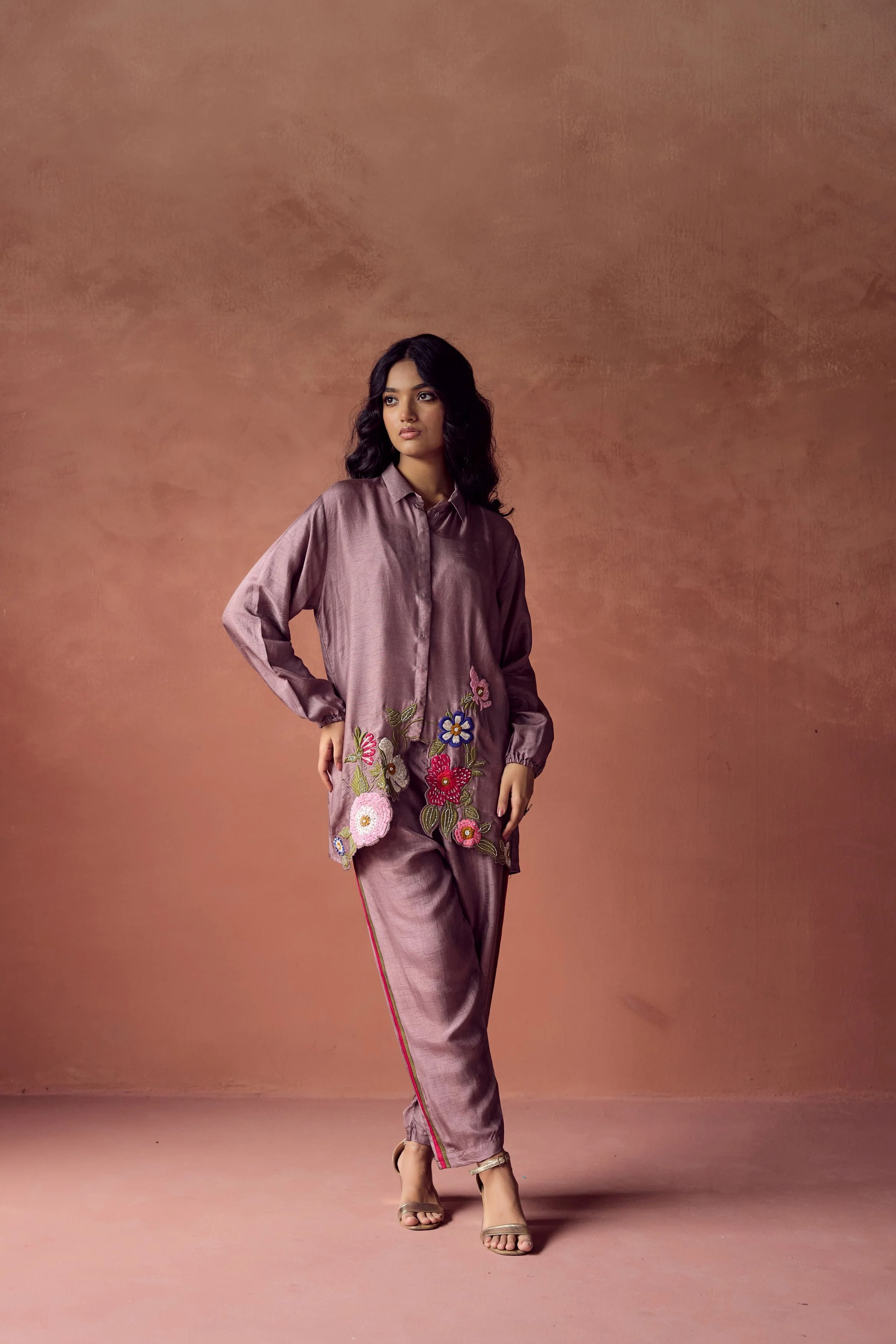 Dusty Mauve Embroidered Raw Silk Co- Ord Set - Image 5