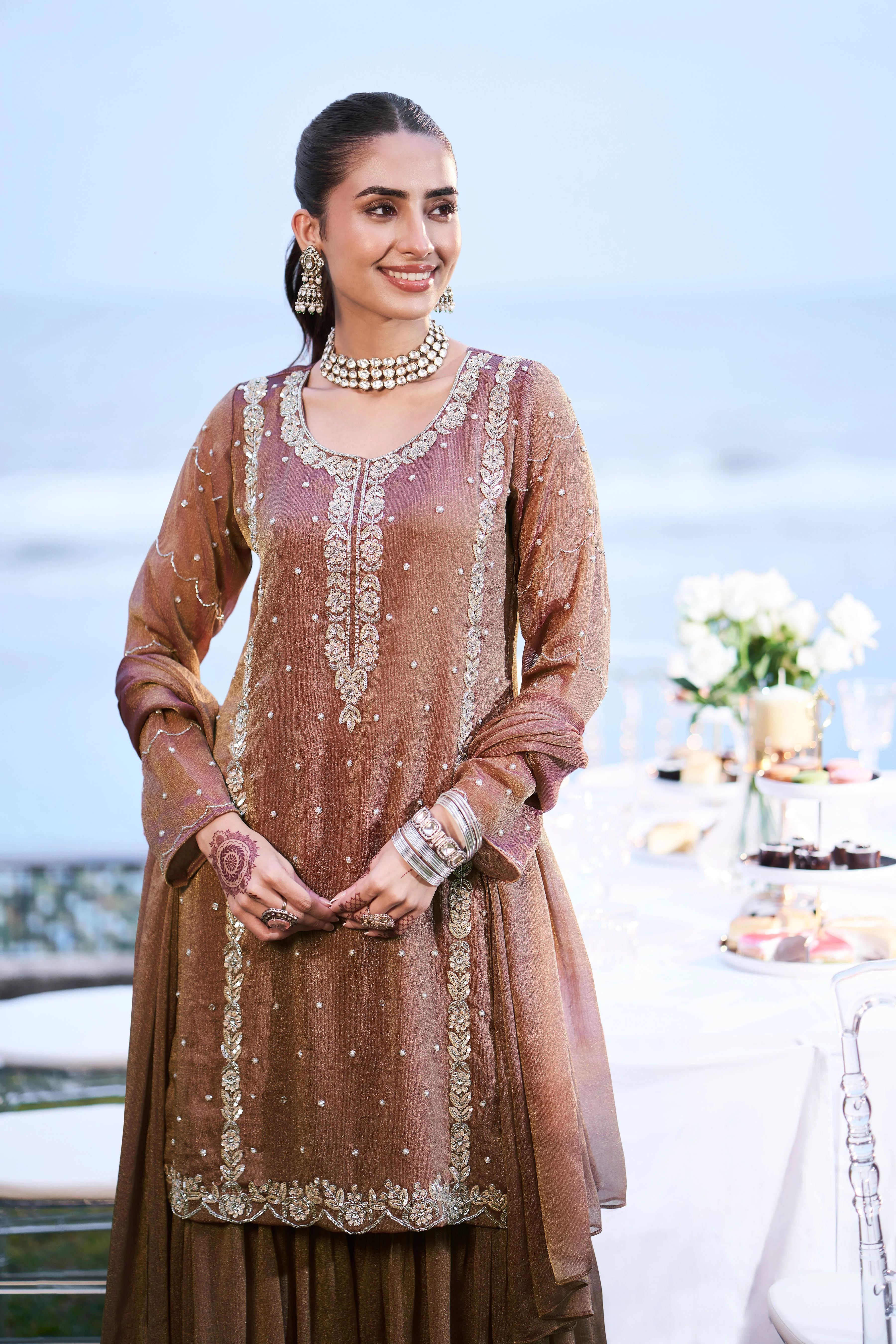 Dusty Mauve Embellished Shimmer Tissue Silk Sharara Set - Image 2