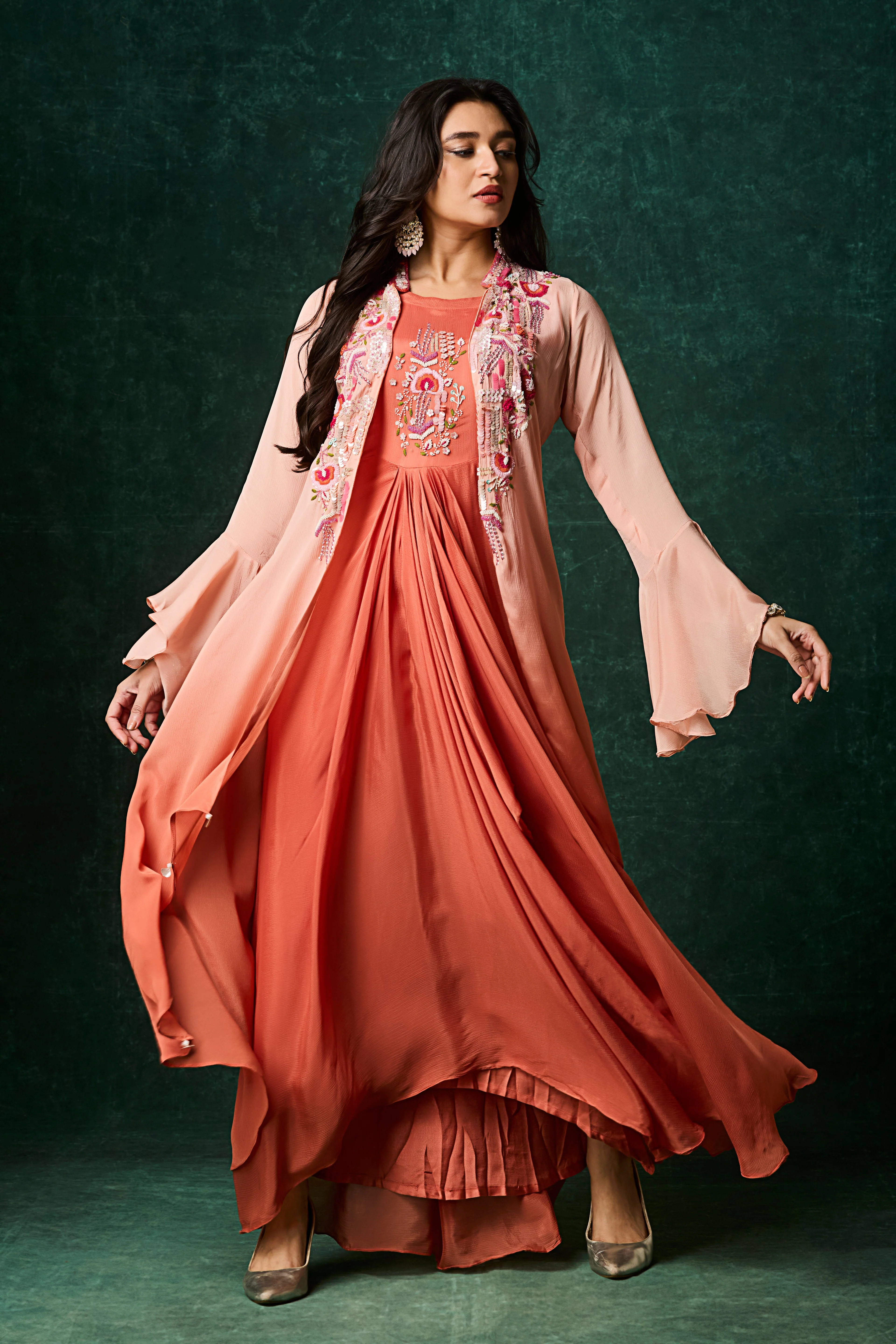 Dusty Orange Ombre Embellished Chinon Silk Gown - Image 3