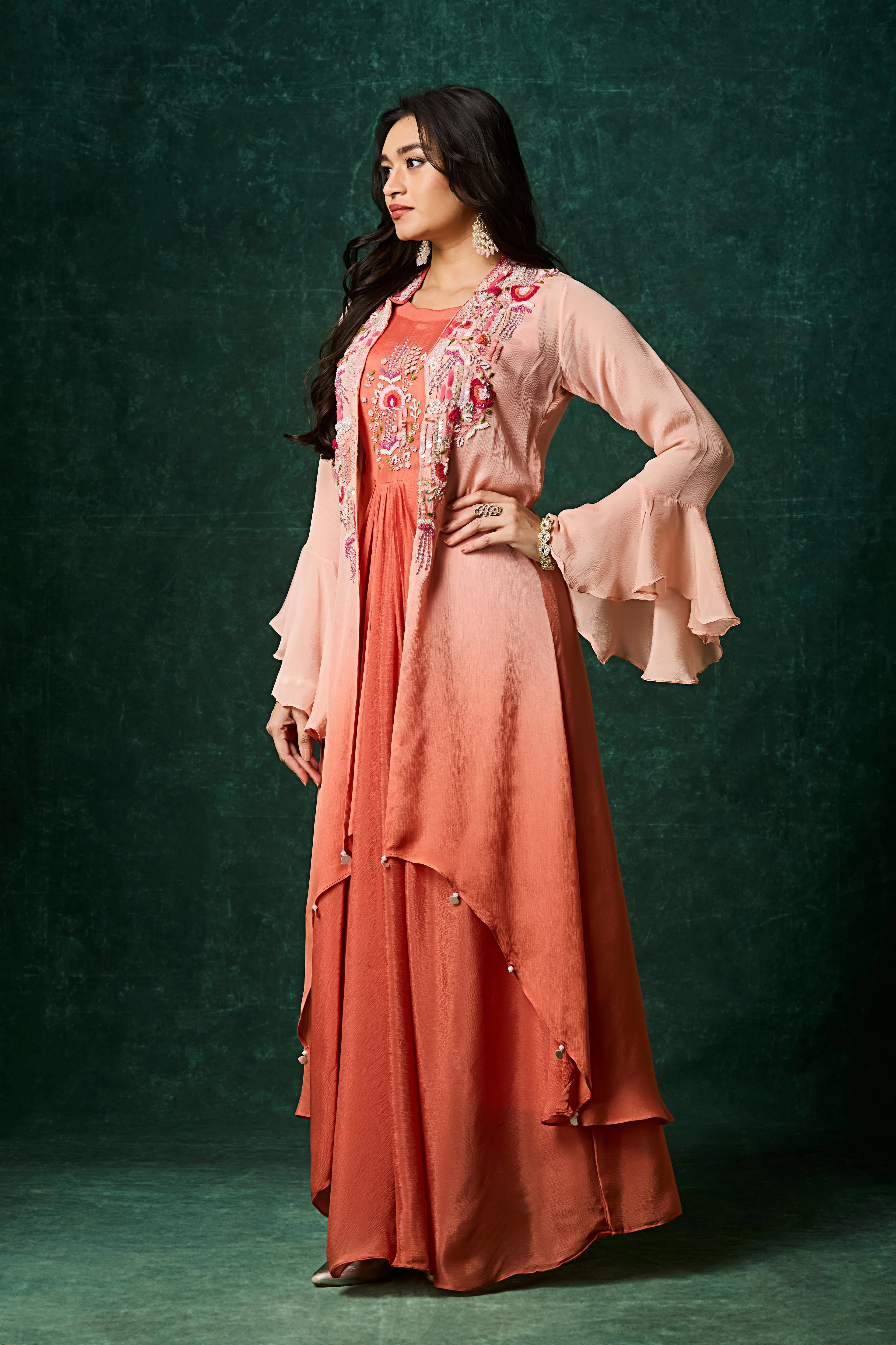Dusty Orange Ombre Embellished Chinon Silk Gown - Image 4