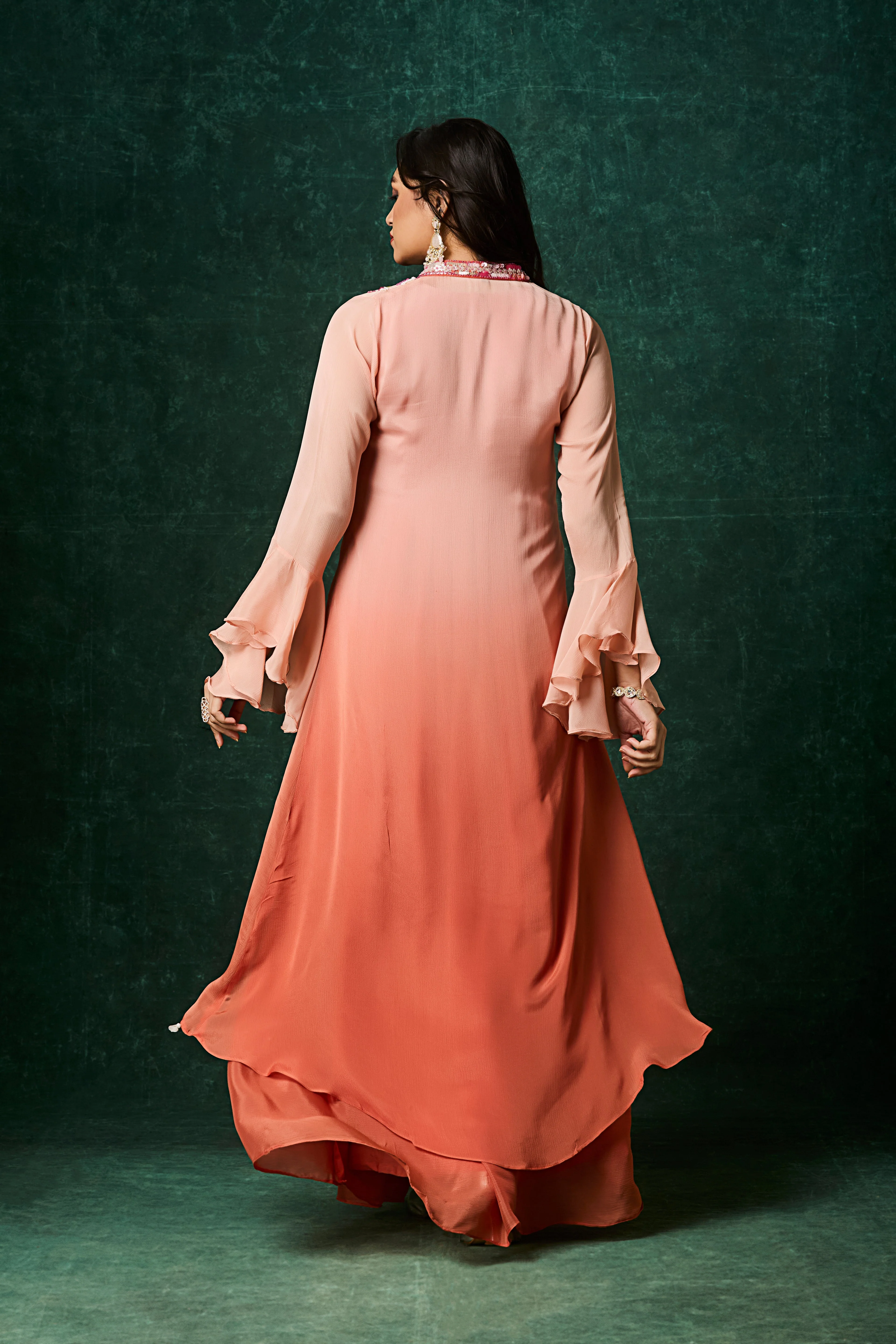 Dusty Orange Ombre Embellished Chinon Silk Gown - Image 5