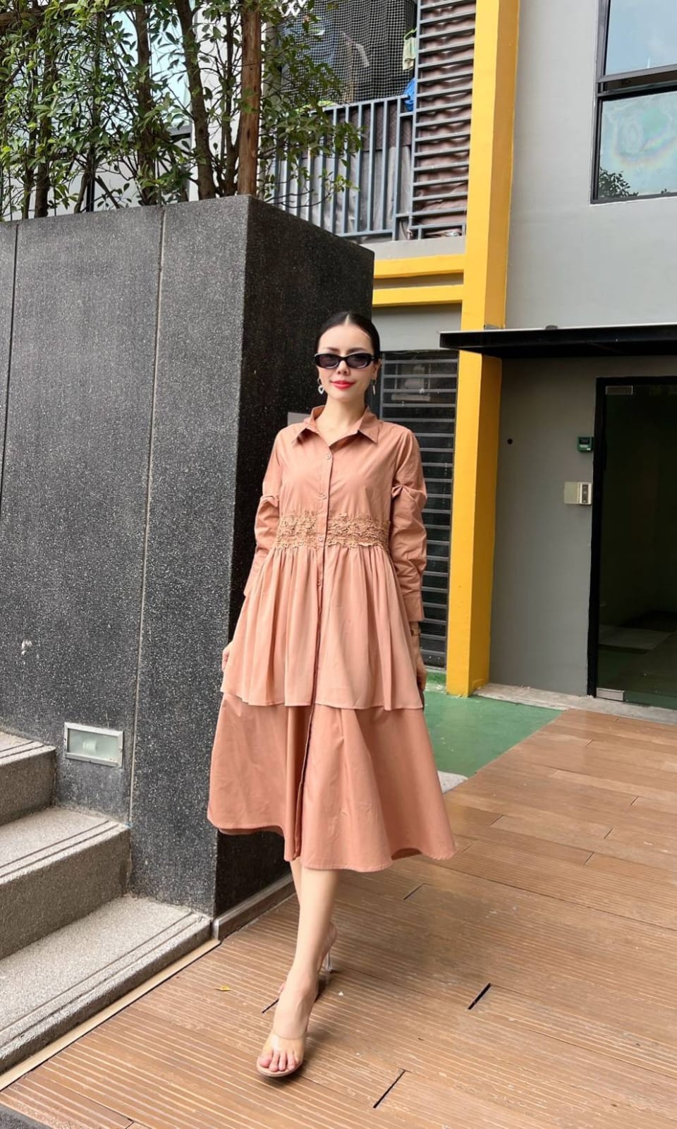Dusty Peach Embroidered Two-Tier Cotton Shirt Dress