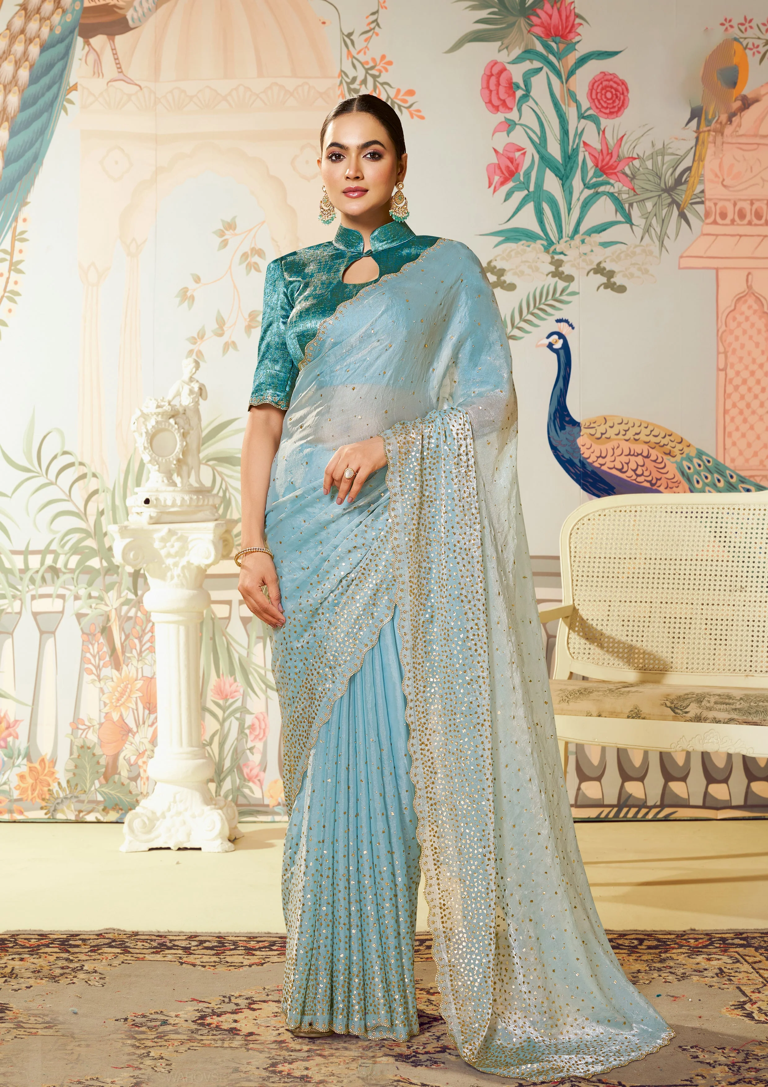 Ice Blue Embellished Organza Silk Saree