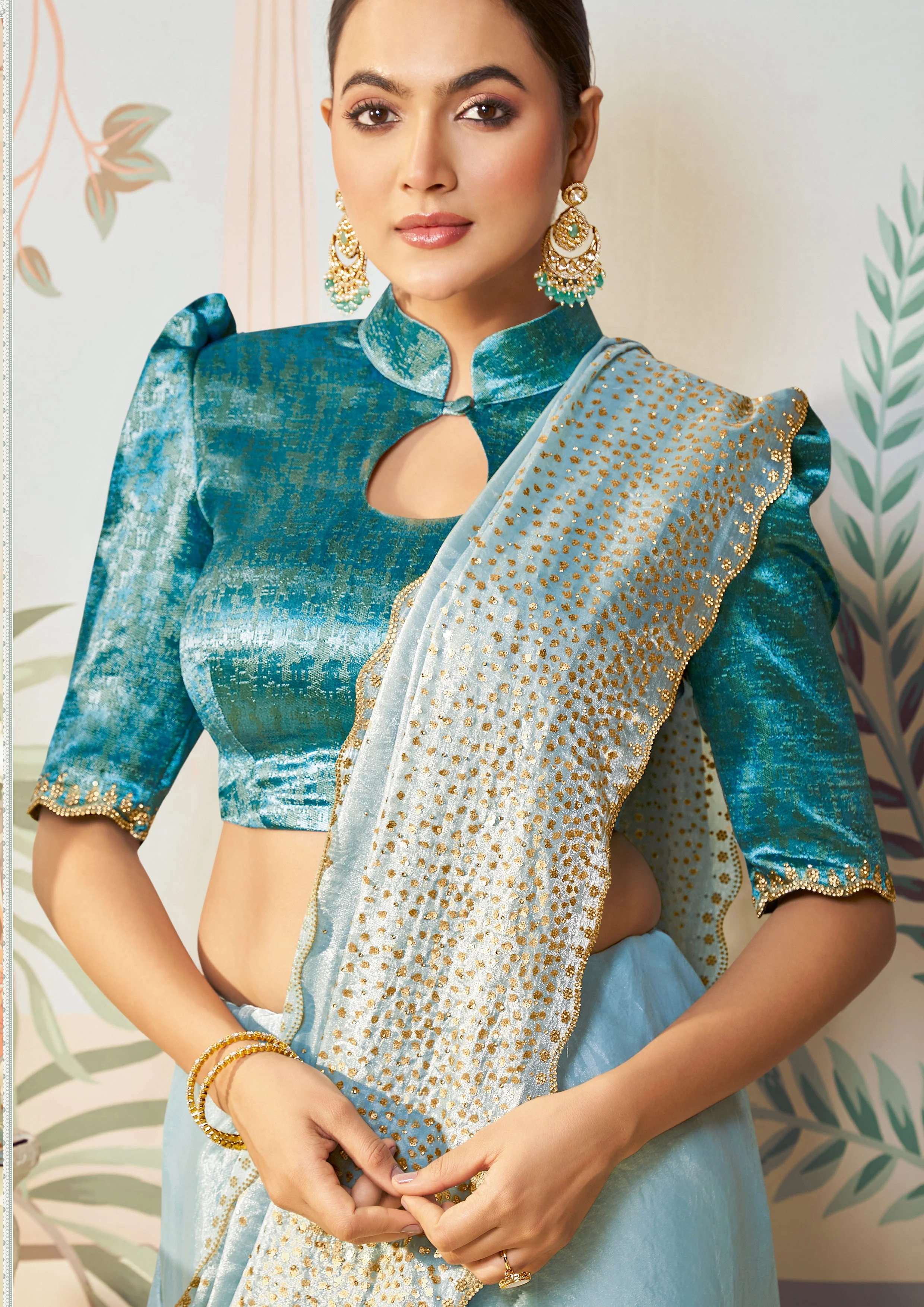 Ice Blue Embellished Organza Silk Saree - Image 2