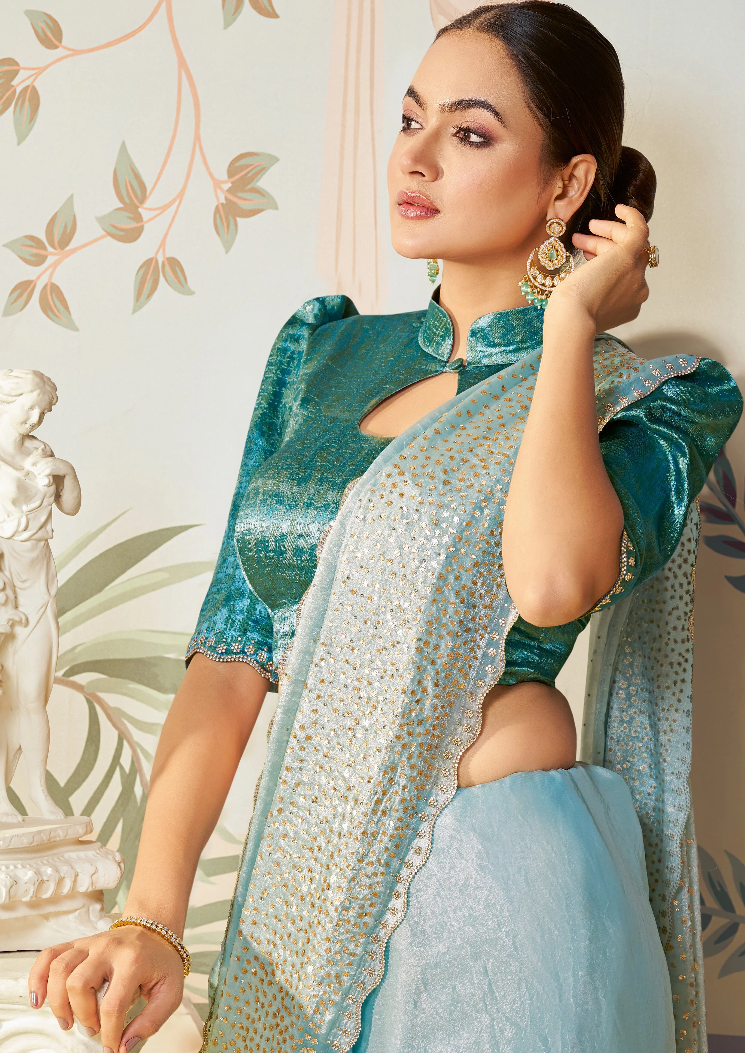 Ice Blue Embellished Organza Silk Saree - Image 3
