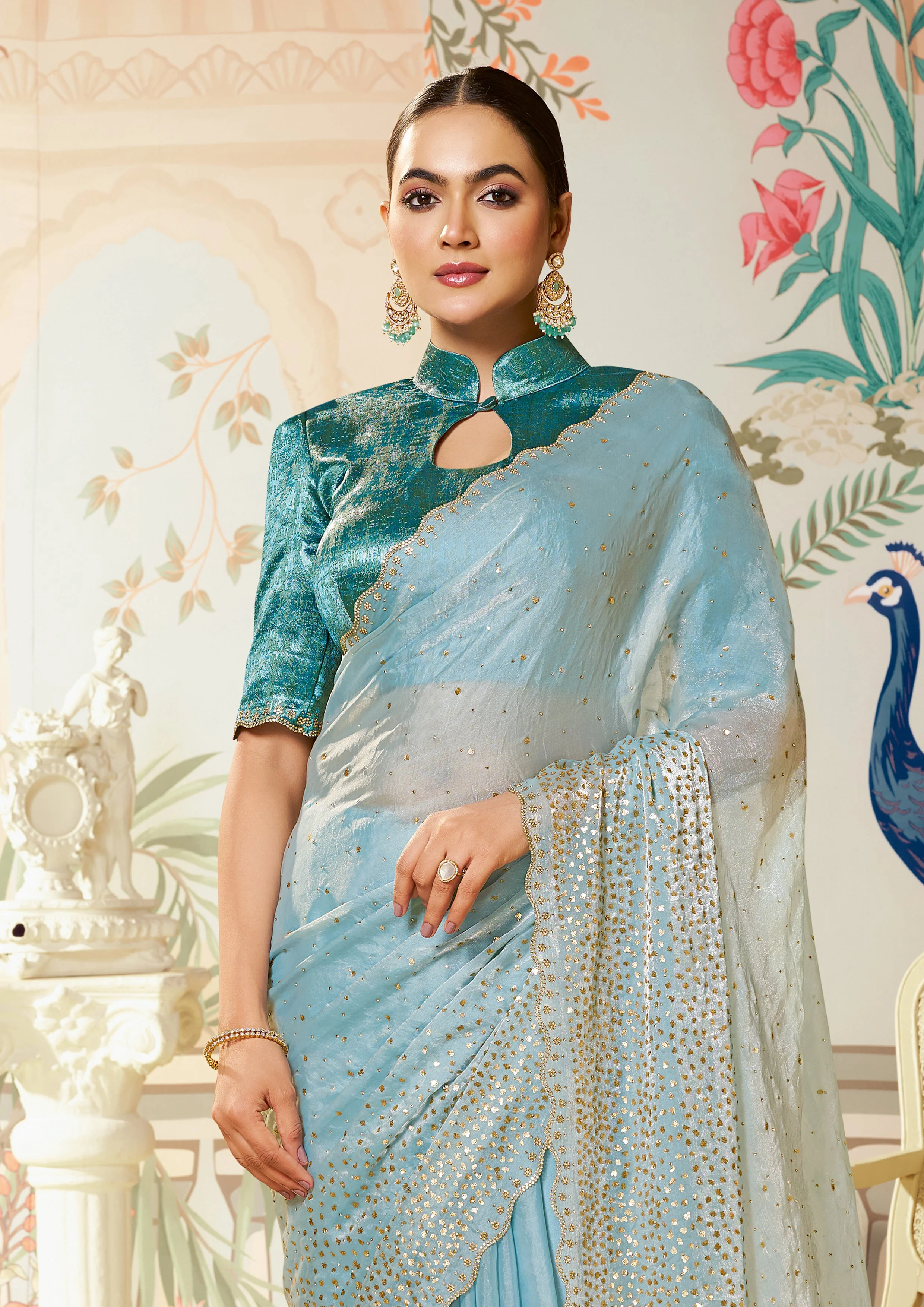 Ice Blue Embellished Organza Silk Saree - Image 4