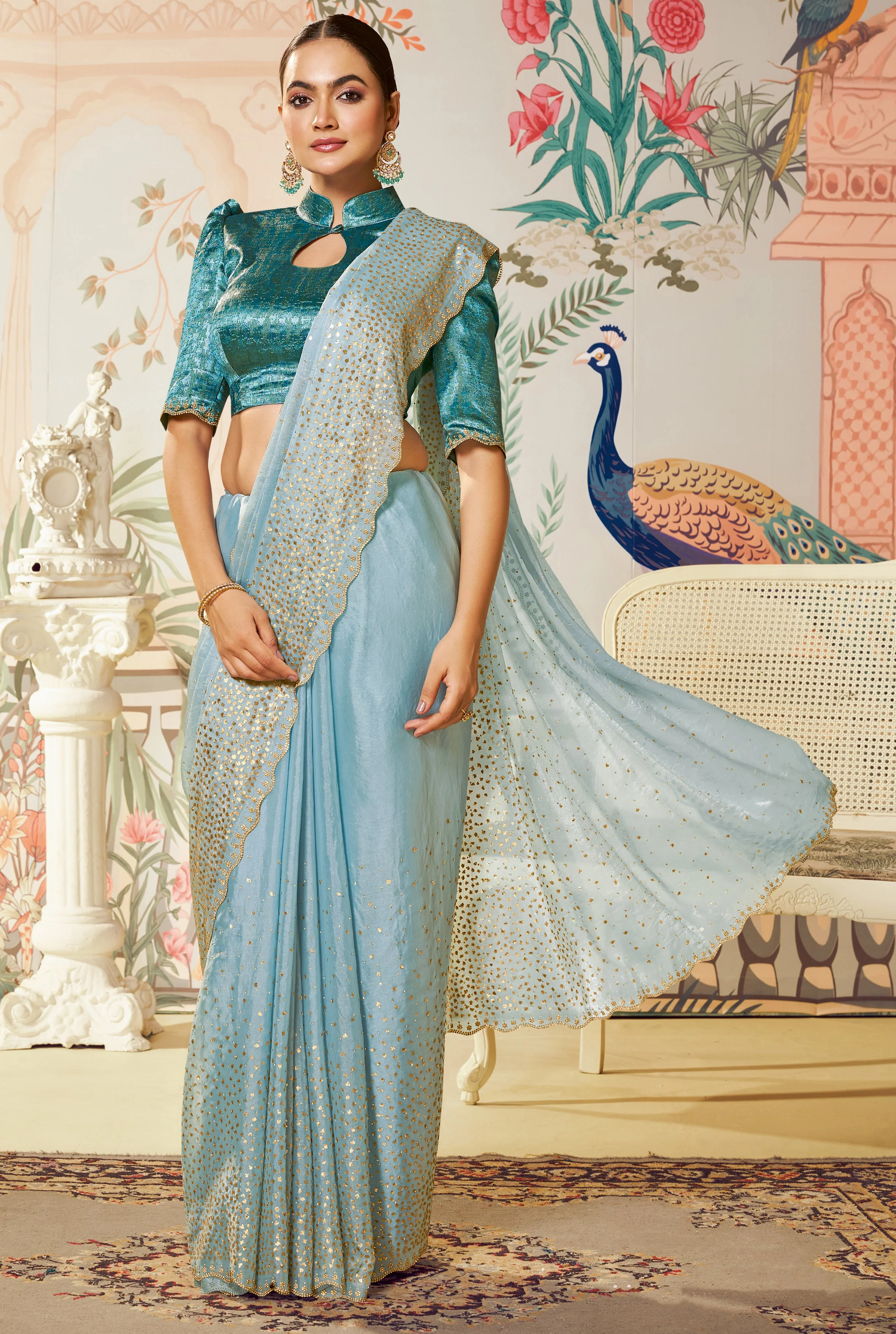 Ice Blue Embellished Organza Silk Saree - Image 5