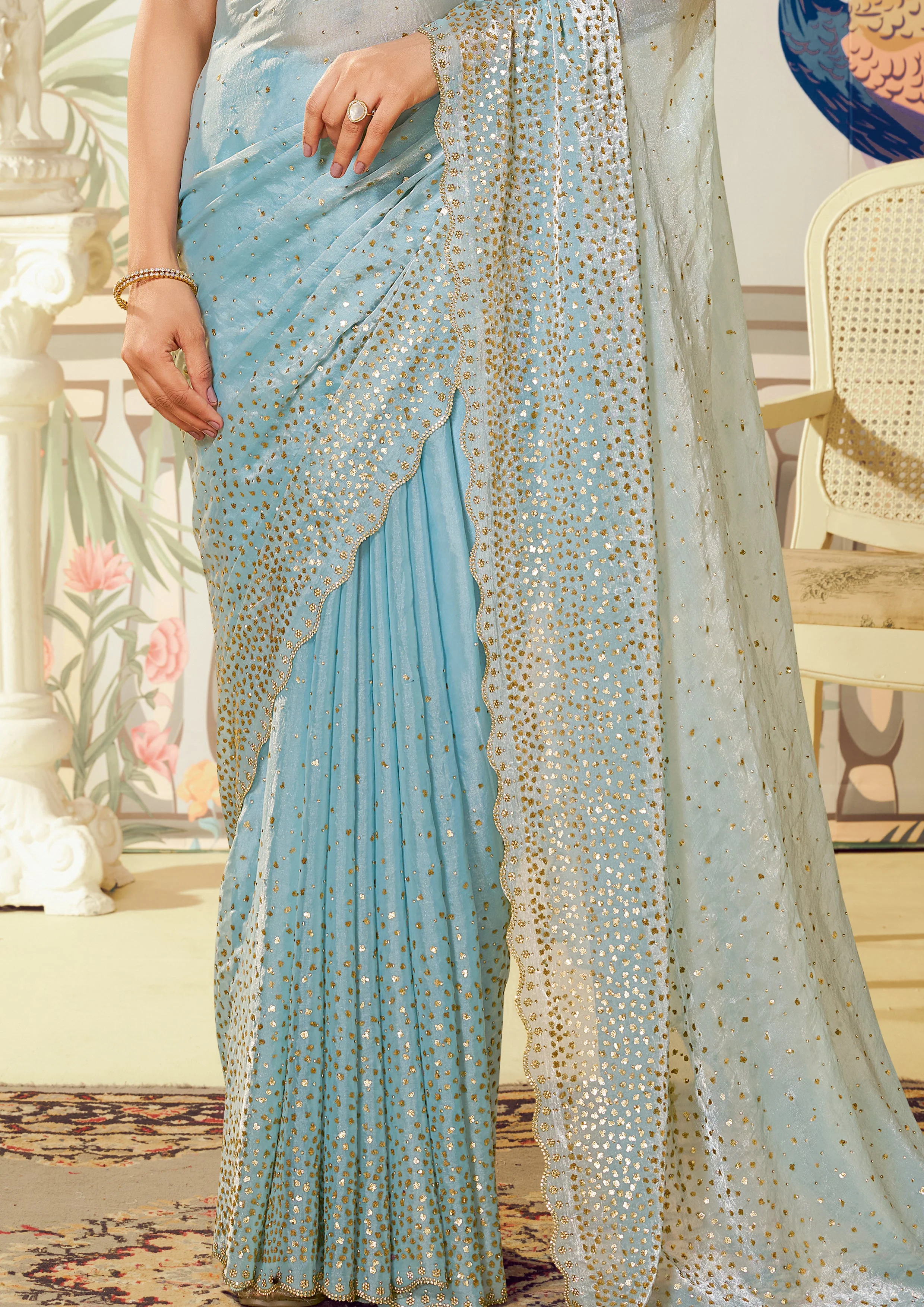 Ice Blue Embellished Organza Silk Saree - Image 6