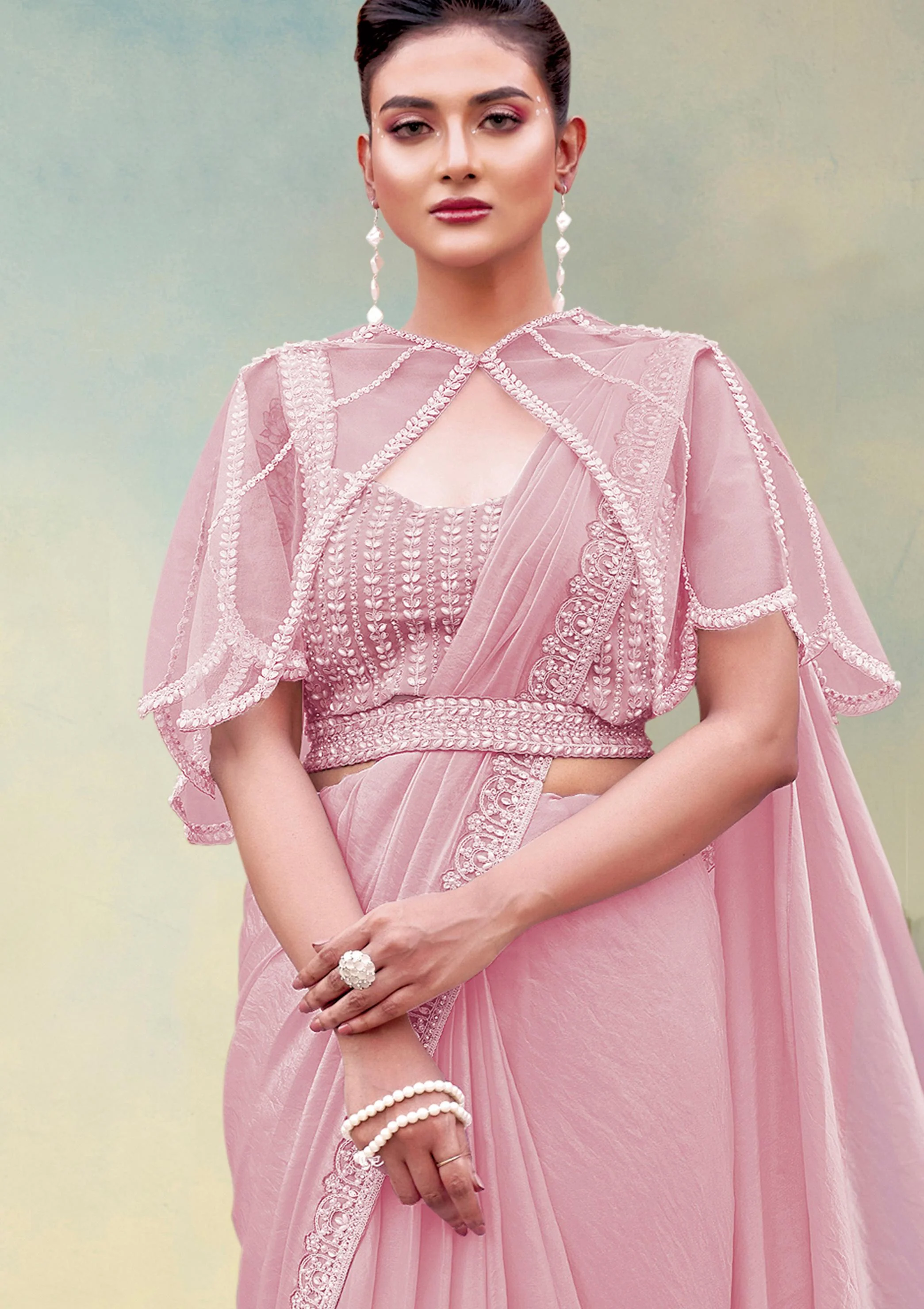 Dusty Rose Embellished Satin Silk Draped Saree - Image 3