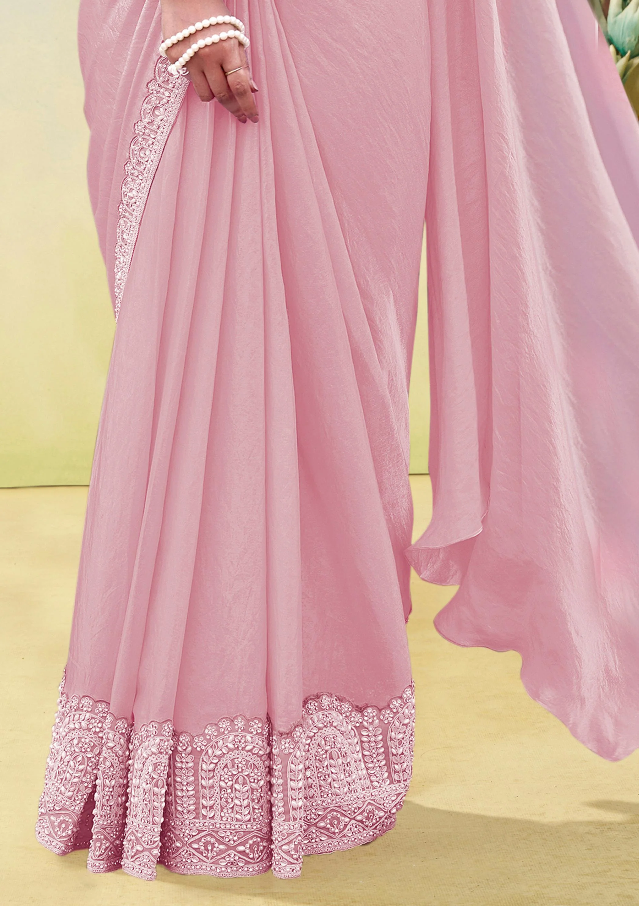Dusty Rose Embellished Satin Silk Draped Saree - Image 4