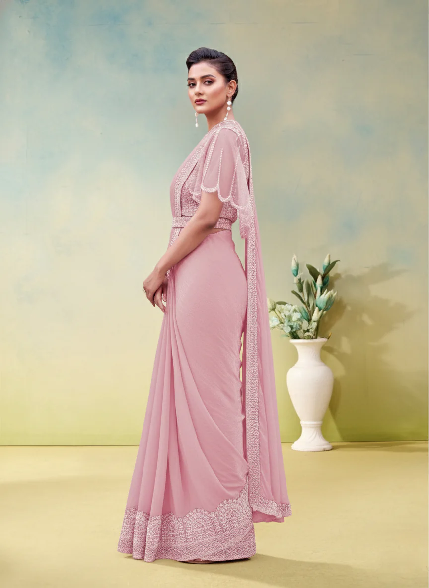 Dusty Rose Embellished Satin Silk Draped Saree - Image 5