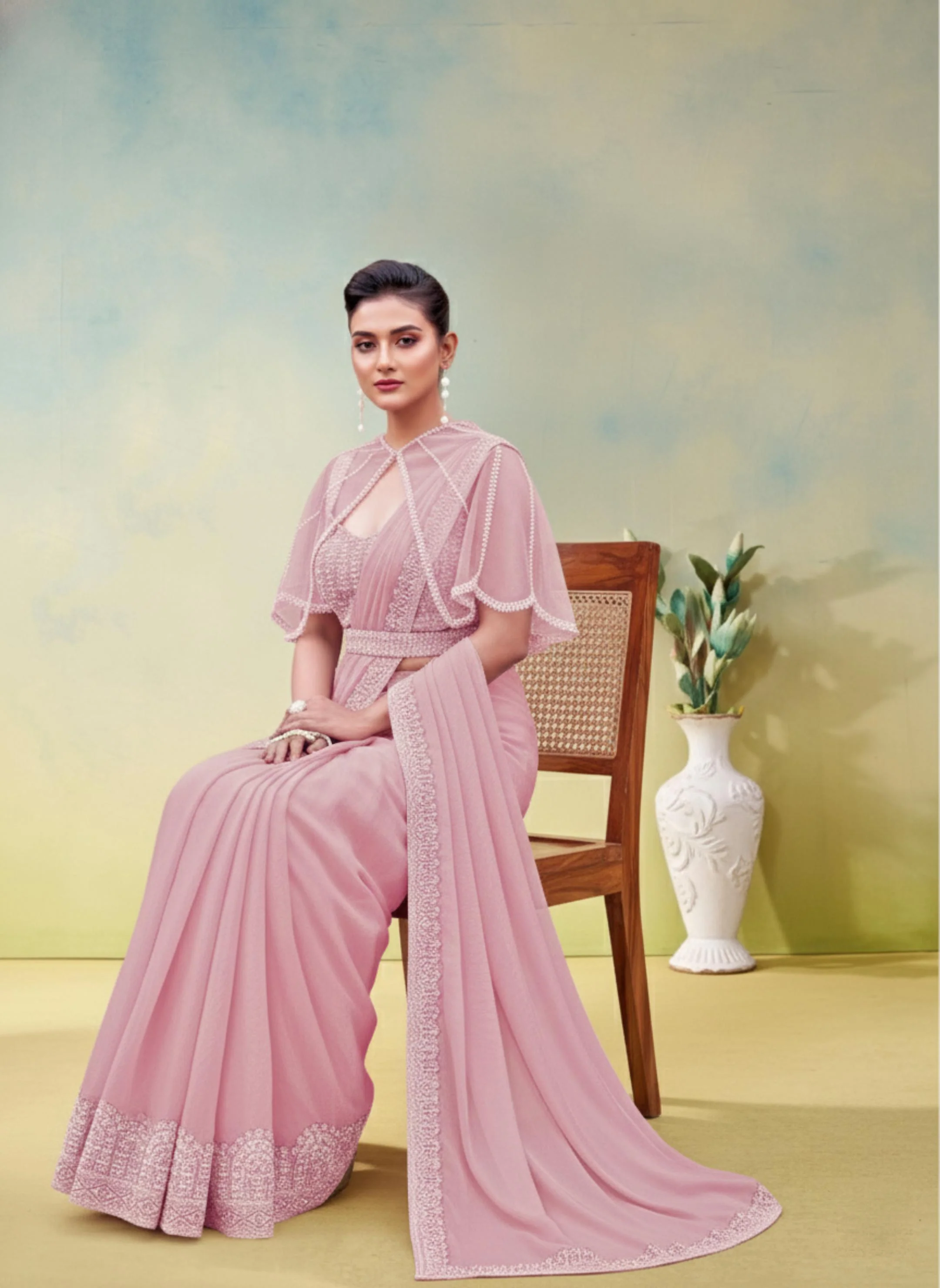 Dusty Rose Embellished Satin Silk Draped Saree - Image 6