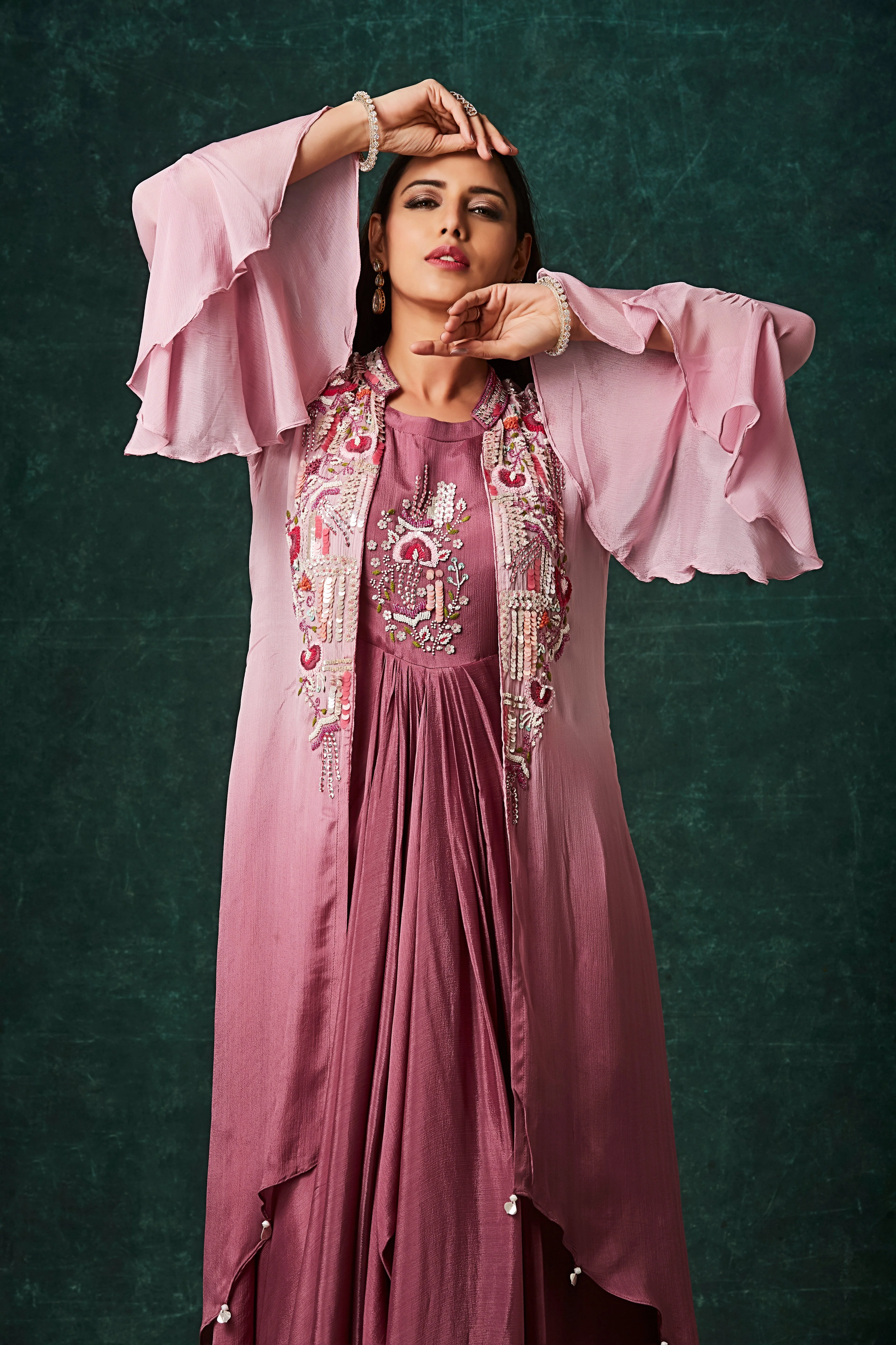 Dusty Pink Ombre Embellished Chinon Silk Gown - Image 2