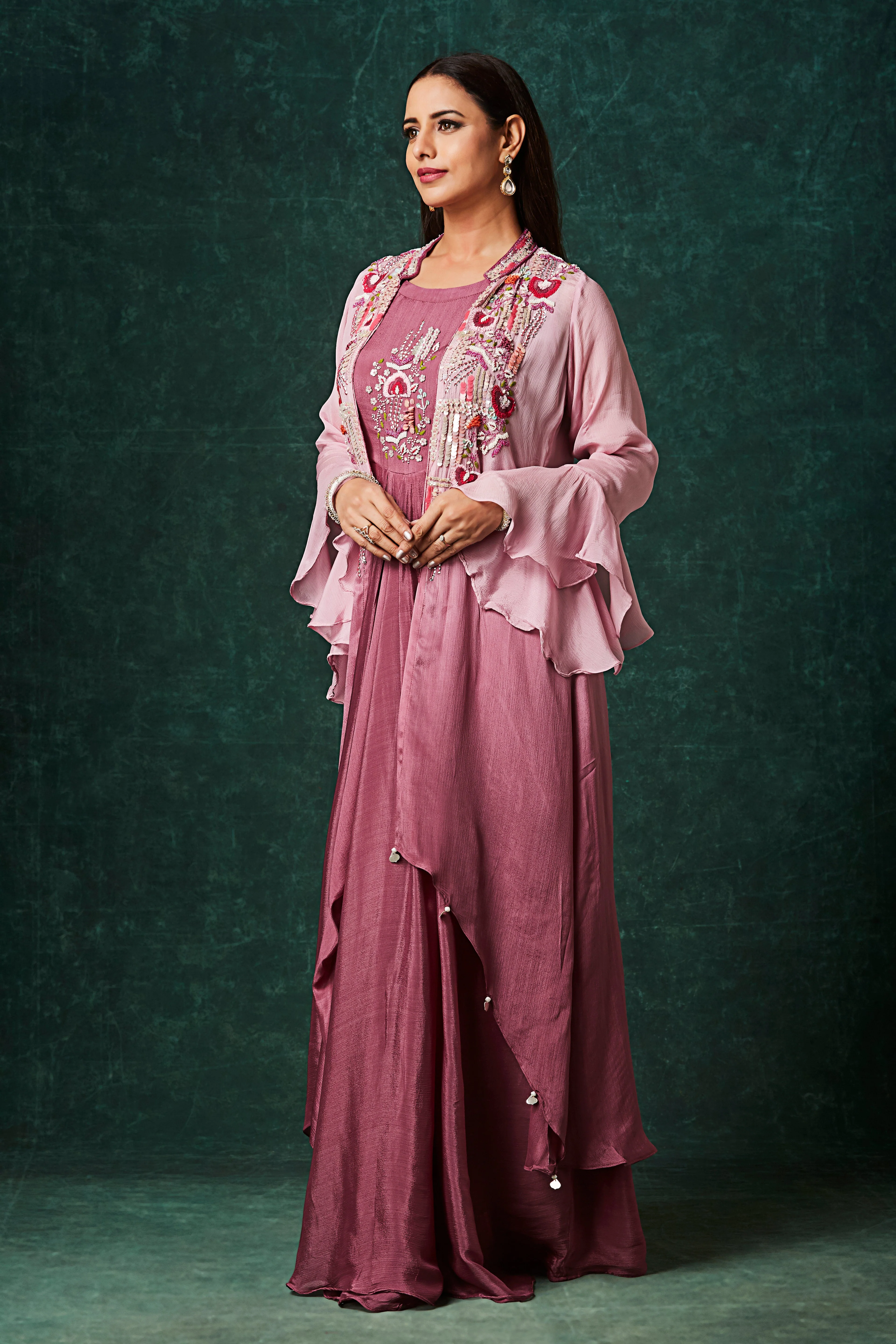 Dusty Pink Ombre Embellished Chinon Silk Gown - Image 3