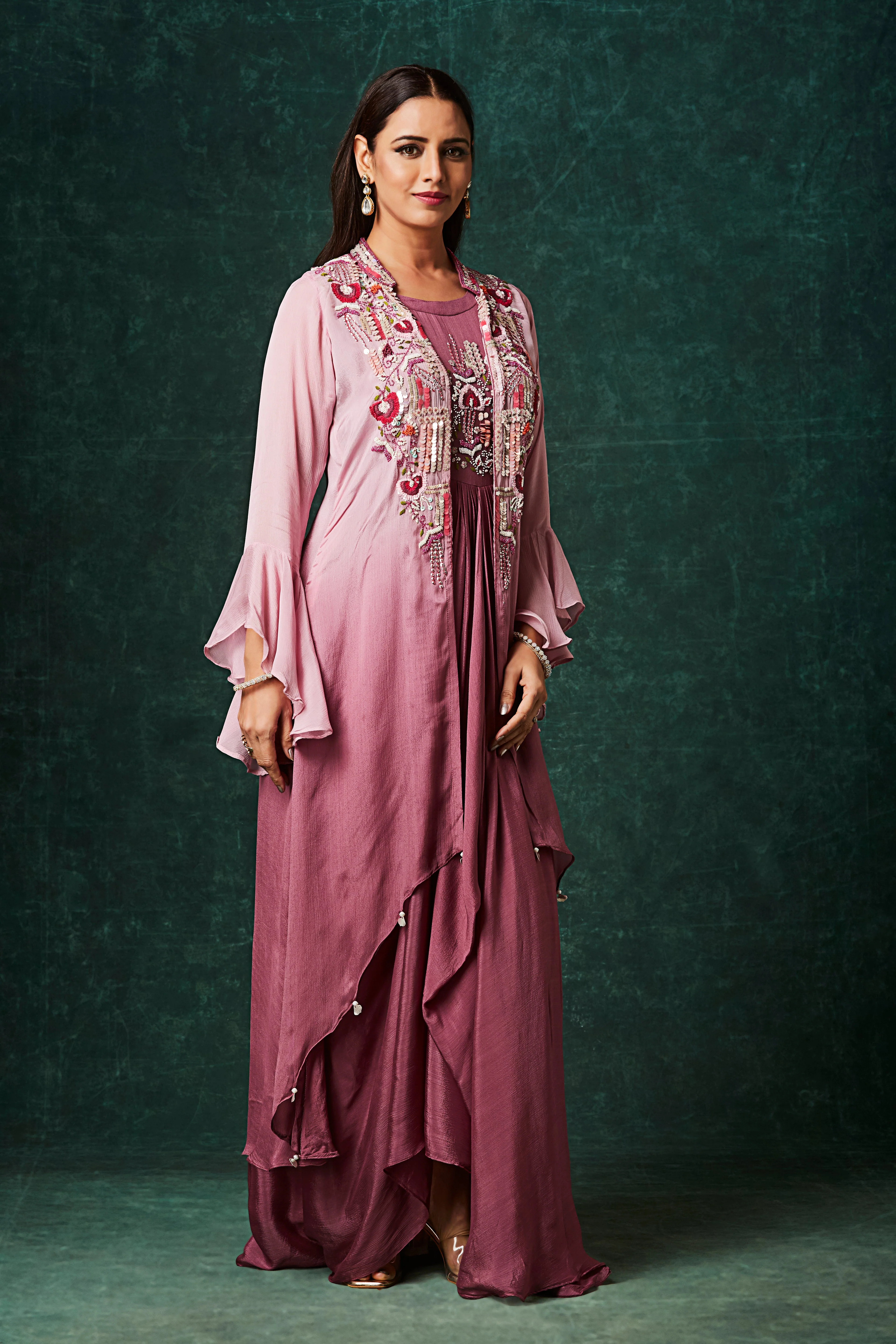 Dusty Pink Ombre Embellished Chinon Silk Gown - Image 4