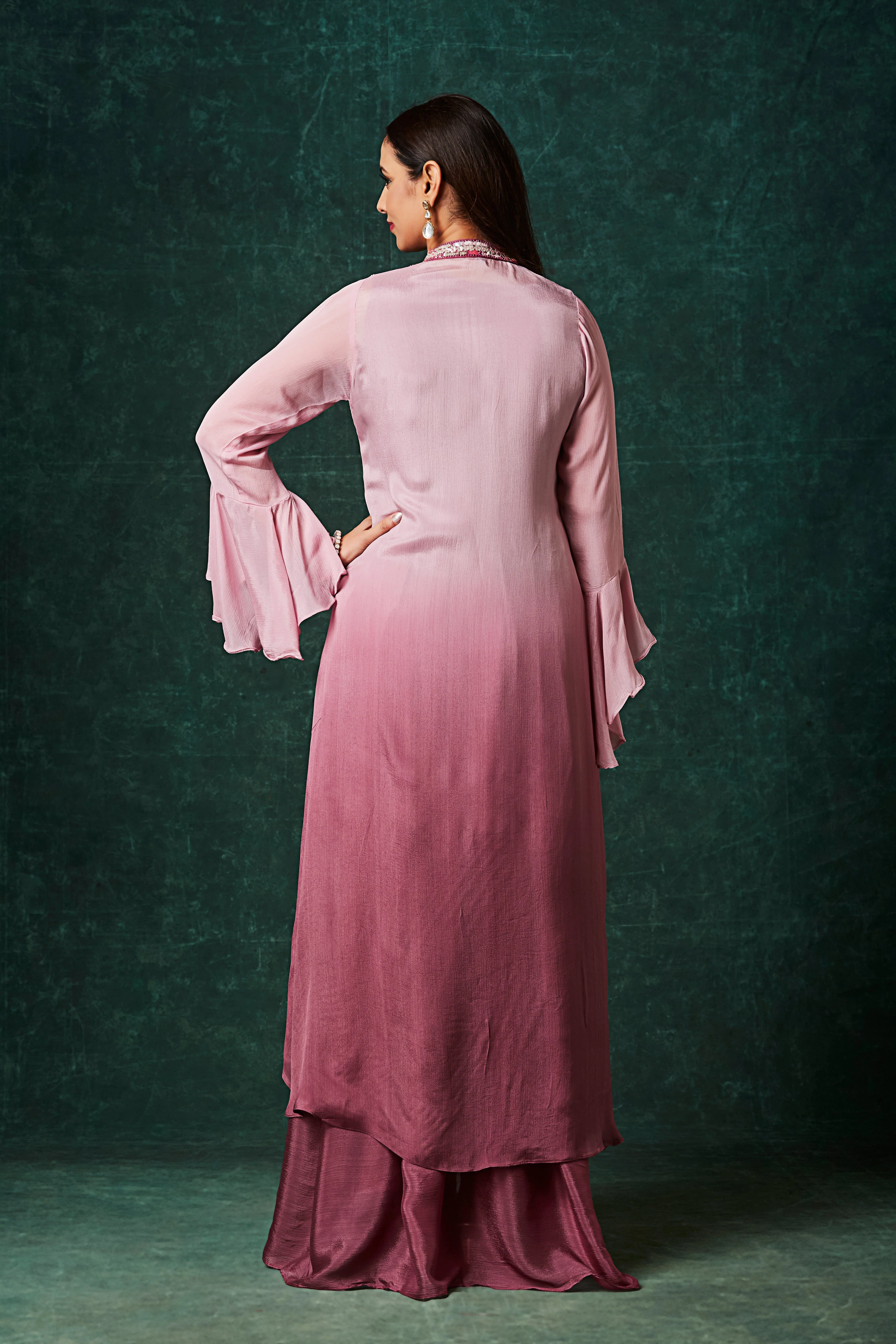 Dusty Pink Ombre Embellished Chinon Silk Gown - Image 5