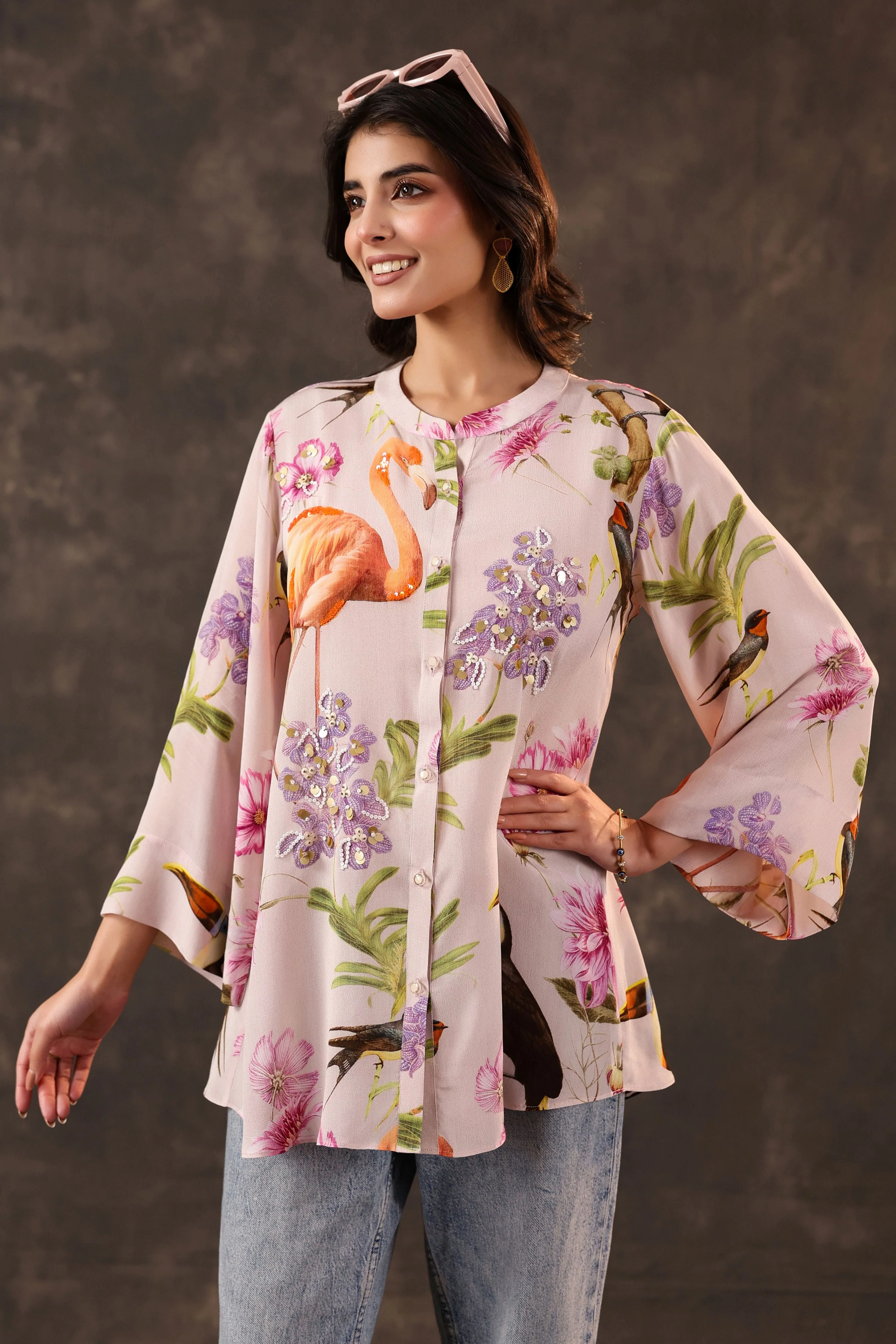 Dusty Pink Printed Crepe Silk Top - Image 2