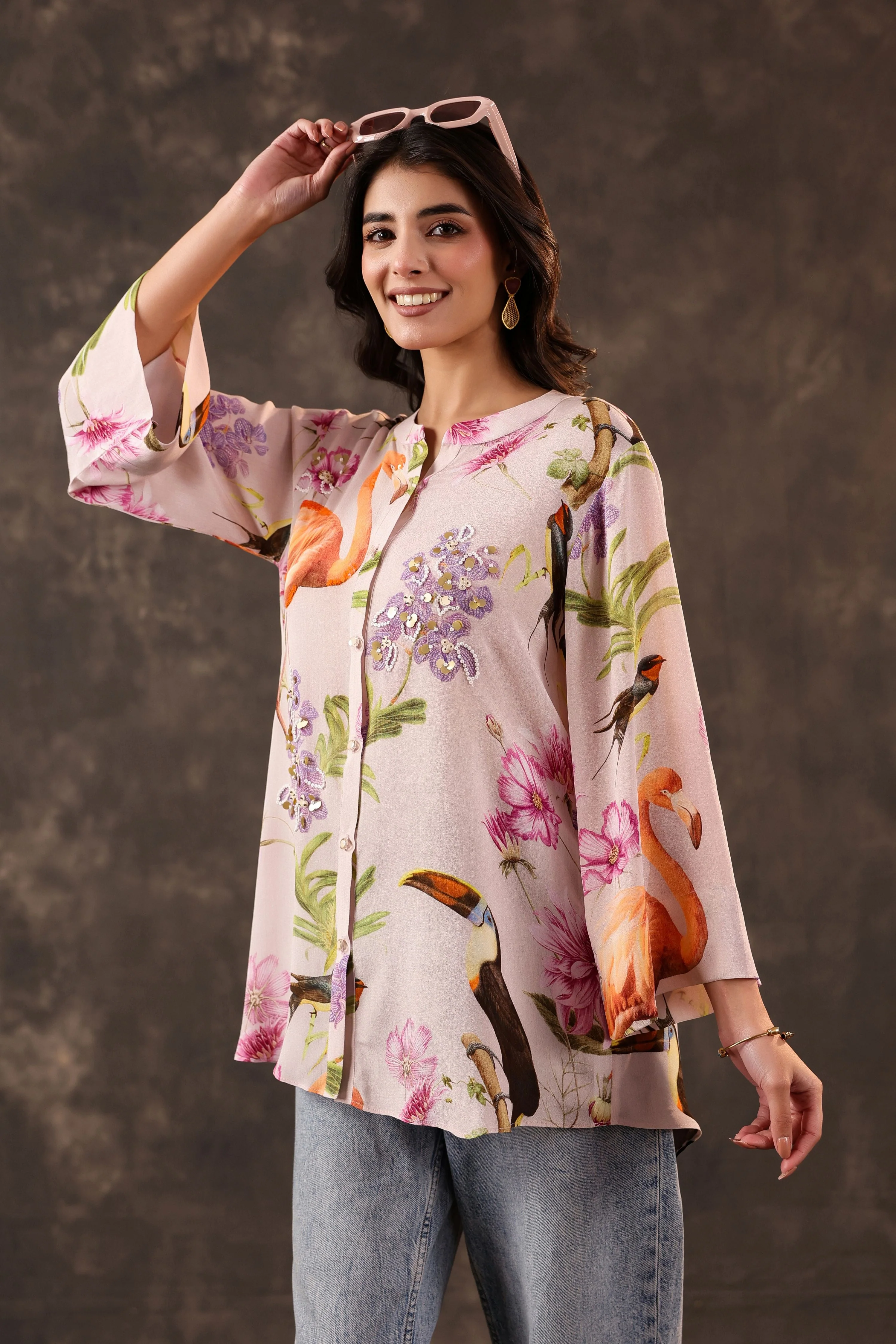 Dusty Pink Printed Crepe Silk Top - Image 3